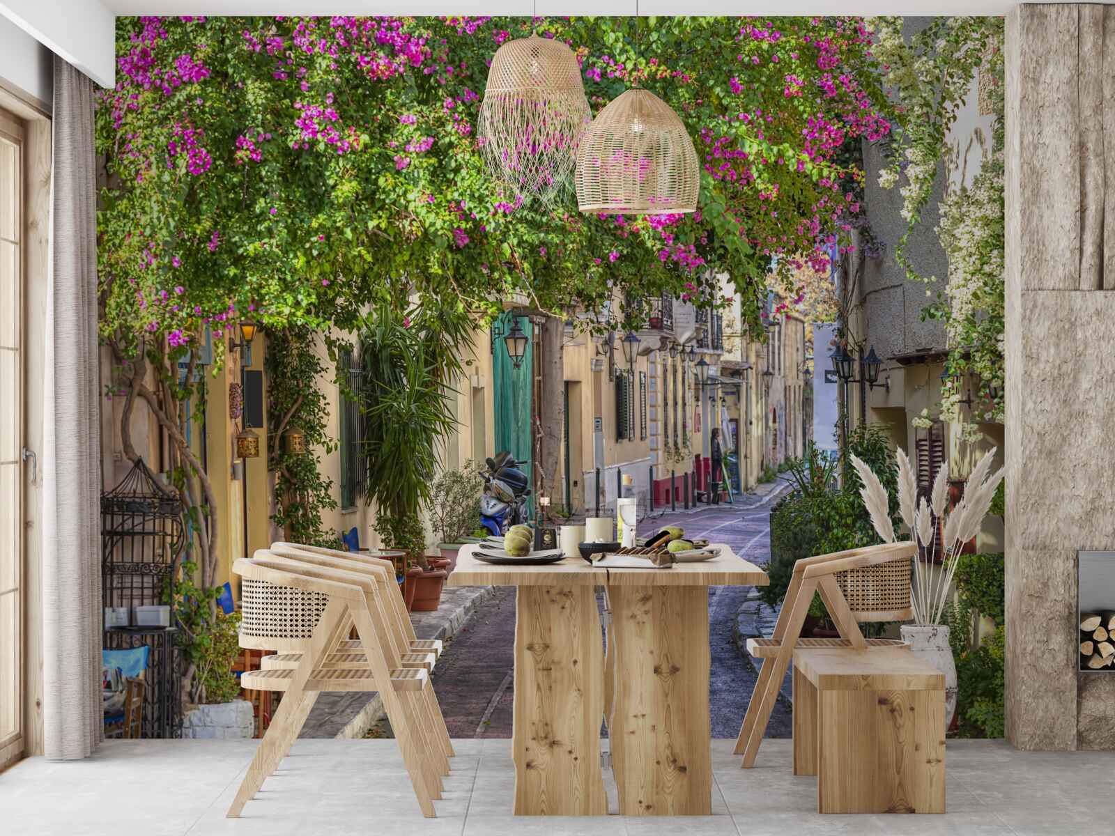 Papier peint La rue caressée par une verdure pittoresque crée habilement une atmosphère de confort