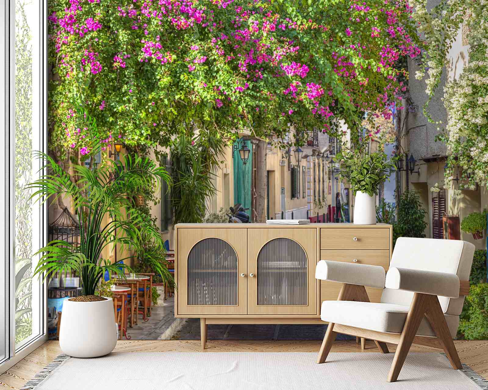 Papier peint La rue caressée par une verdure pittoresque crée habilement une atmosphère de confort