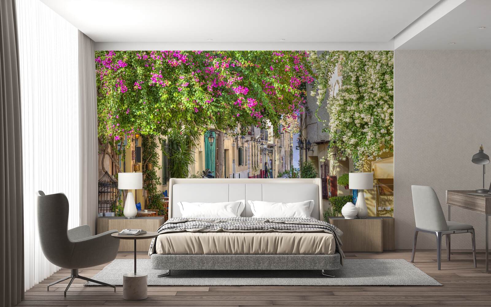 Papier peint La rue caressée par une verdure pittoresque crée habilement une atmosphère de confort