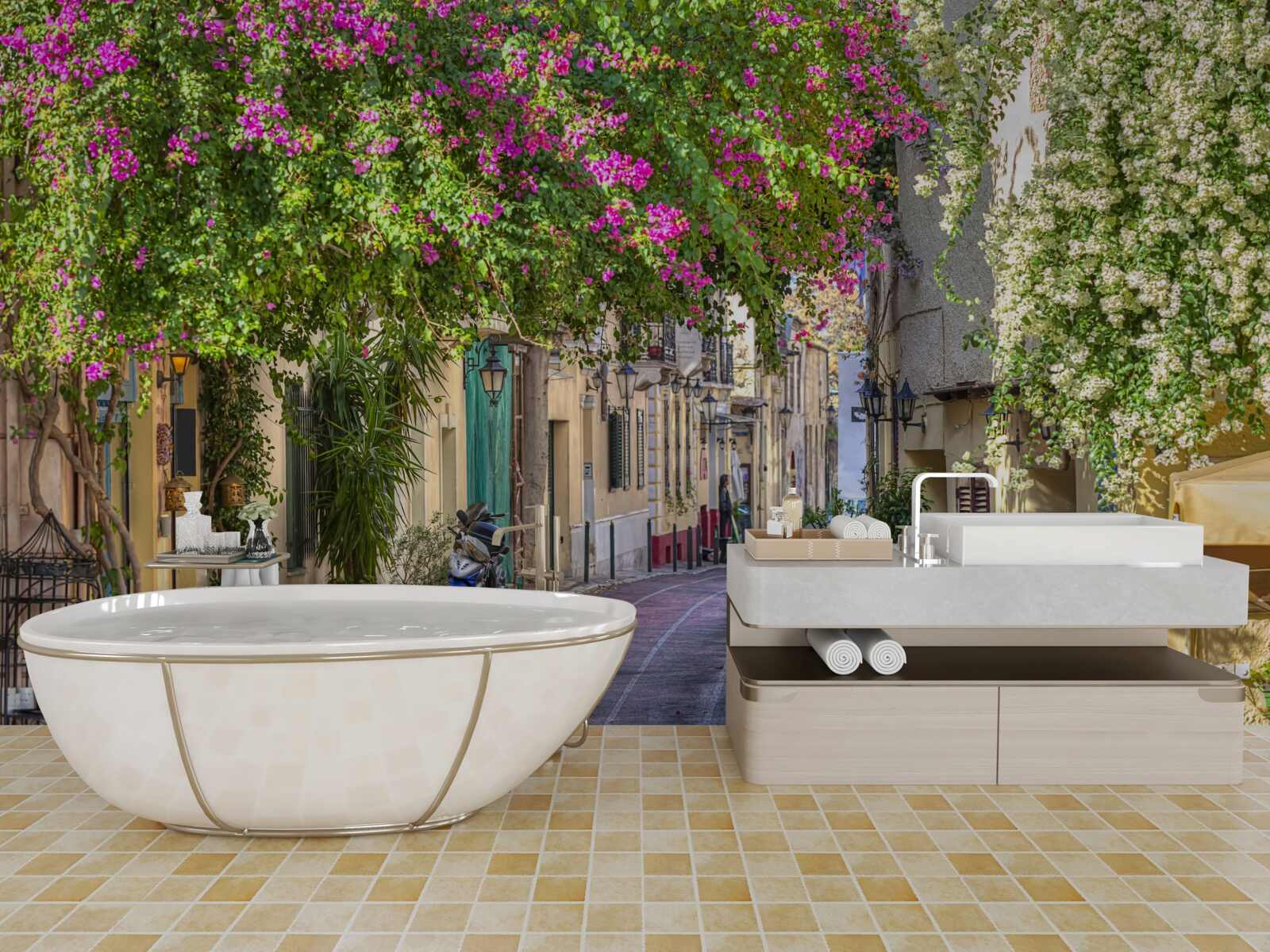 Papier peint La rue caressée par une verdure pittoresque crée habilement une atmosphère de confort