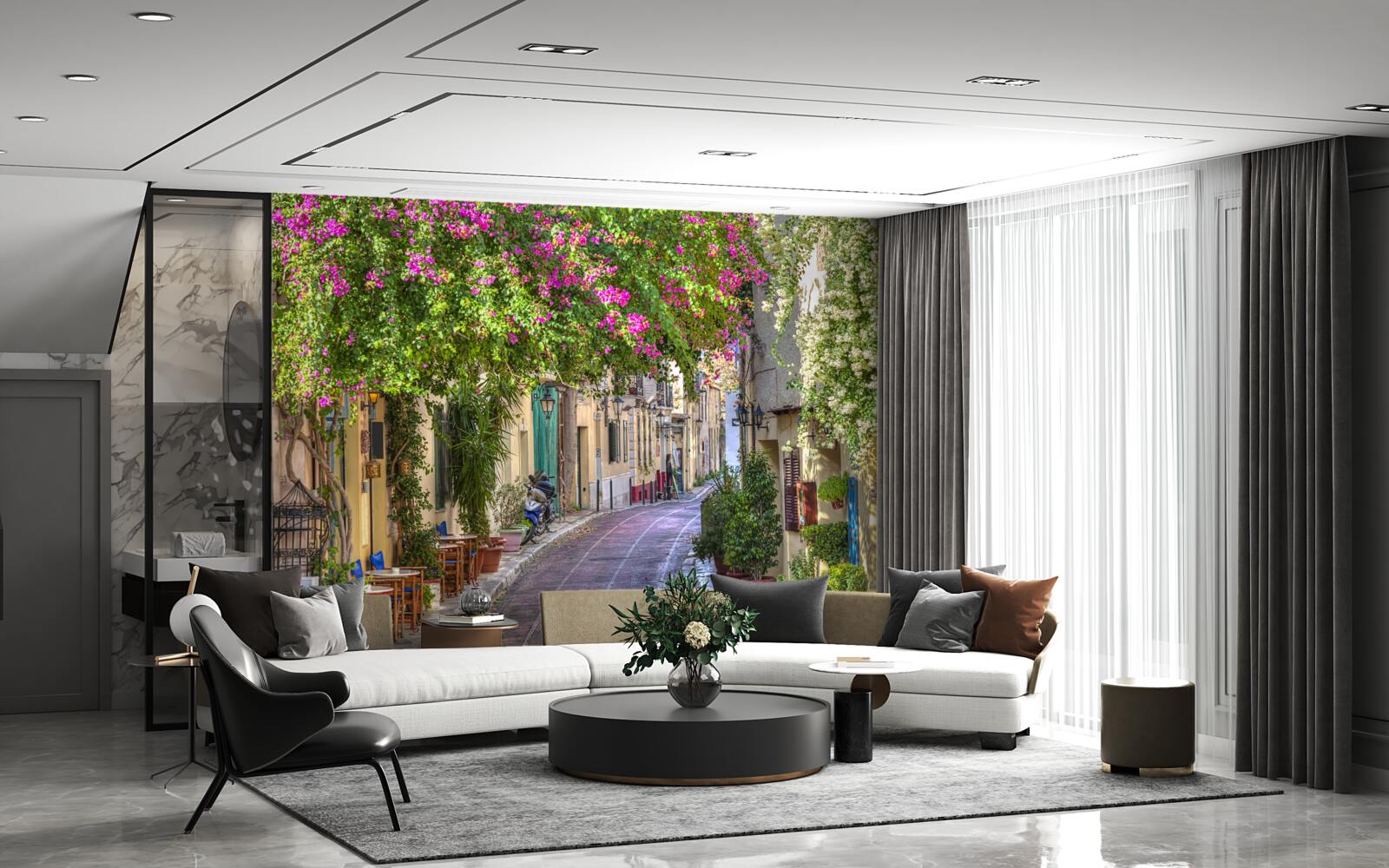 Papier peint La rue caressée par une verdure pittoresque crée habilement une atmosphère de confort