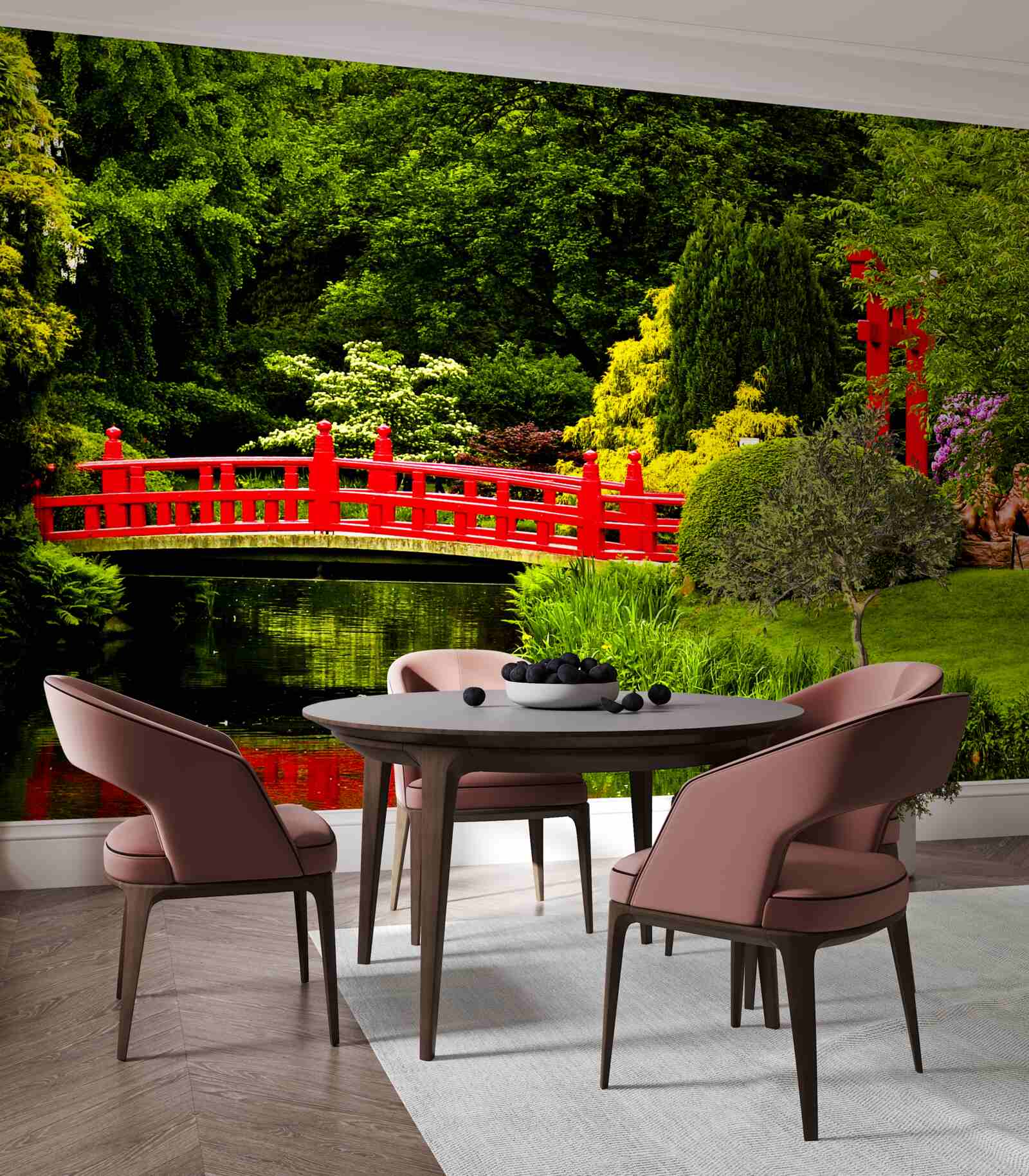 Papier peint pont rouge dans le jardin japonais