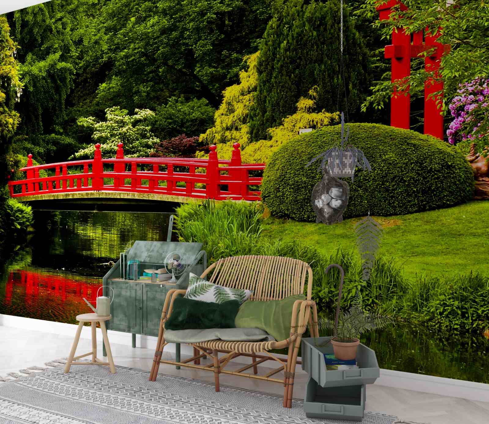 Papier peint pont rouge dans le jardin japonais