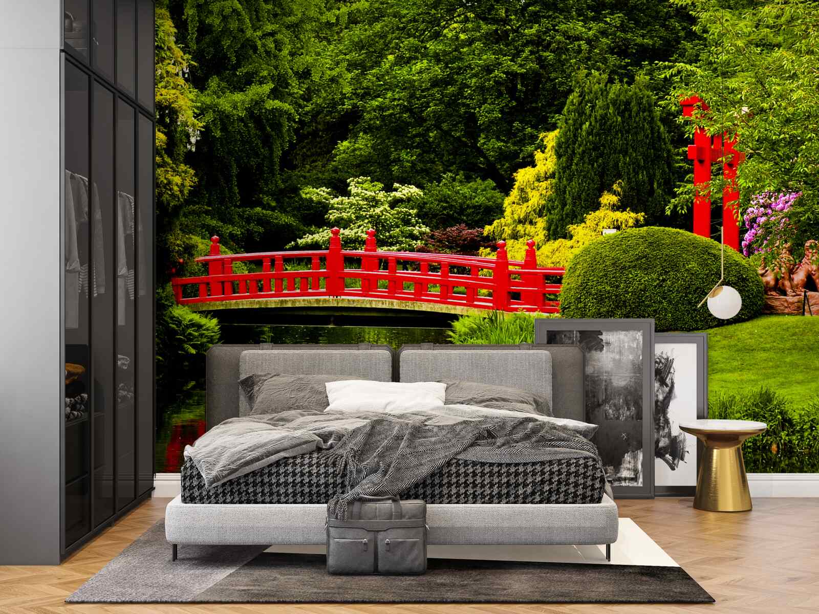 Papier peint pont rouge dans le jardin japonais