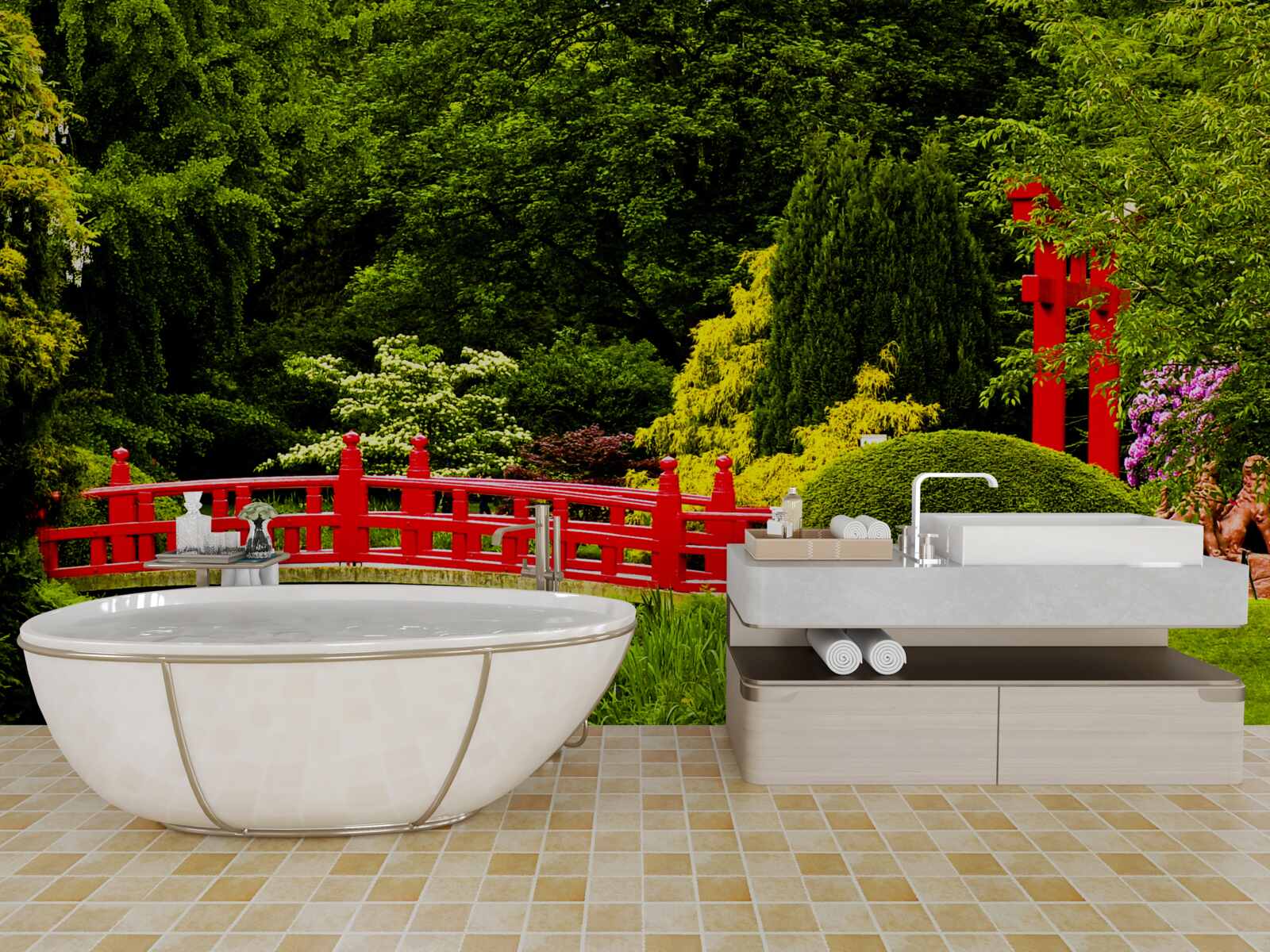 Papier peint pont rouge dans le jardin japonais
