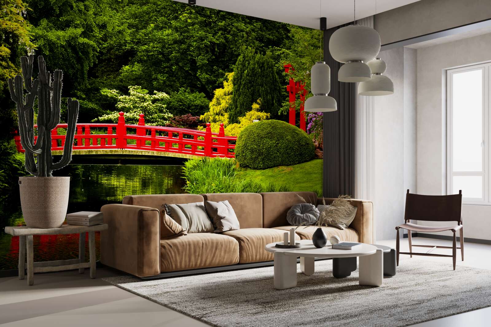 Papier peint pont rouge dans le jardin japonais