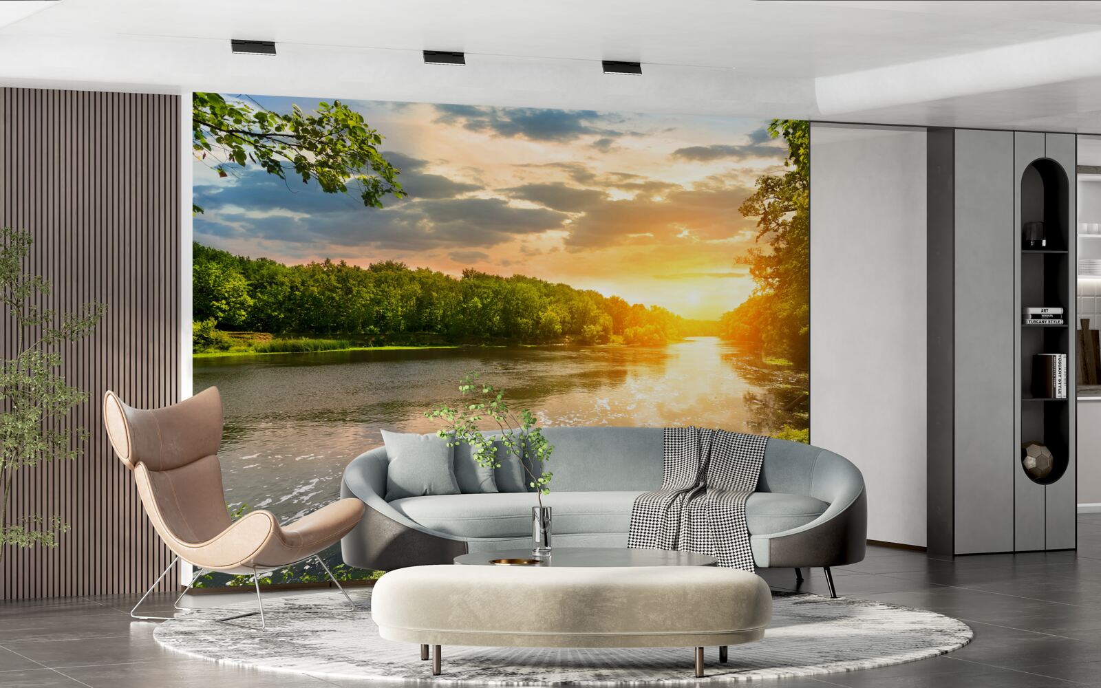 Papier peint le soleil couchant réchauffe doucement la rivière de la forêt