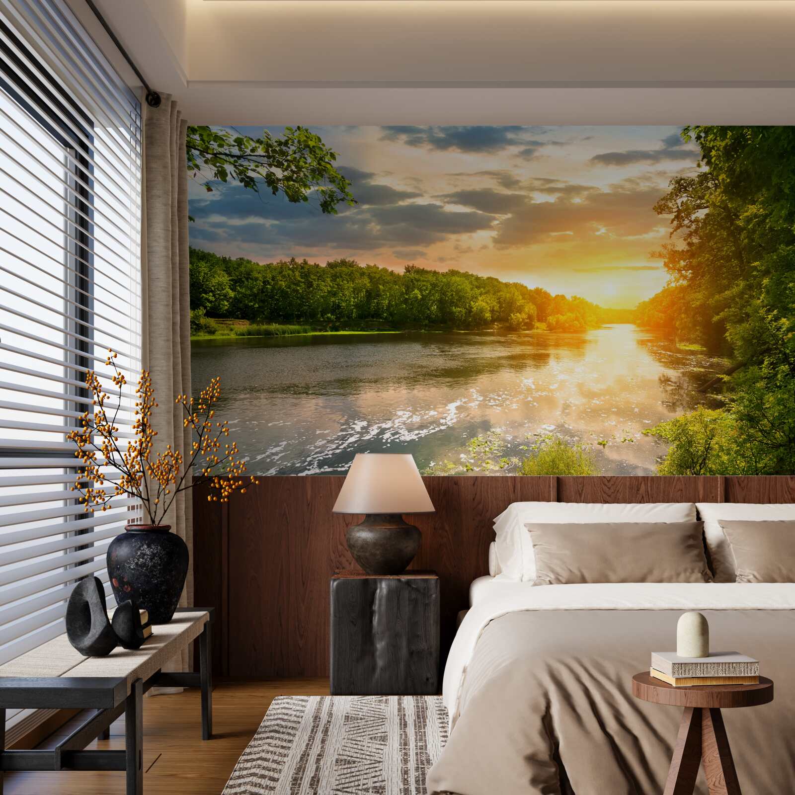 Papier peint le soleil couchant réchauffe doucement la rivière de la forêt