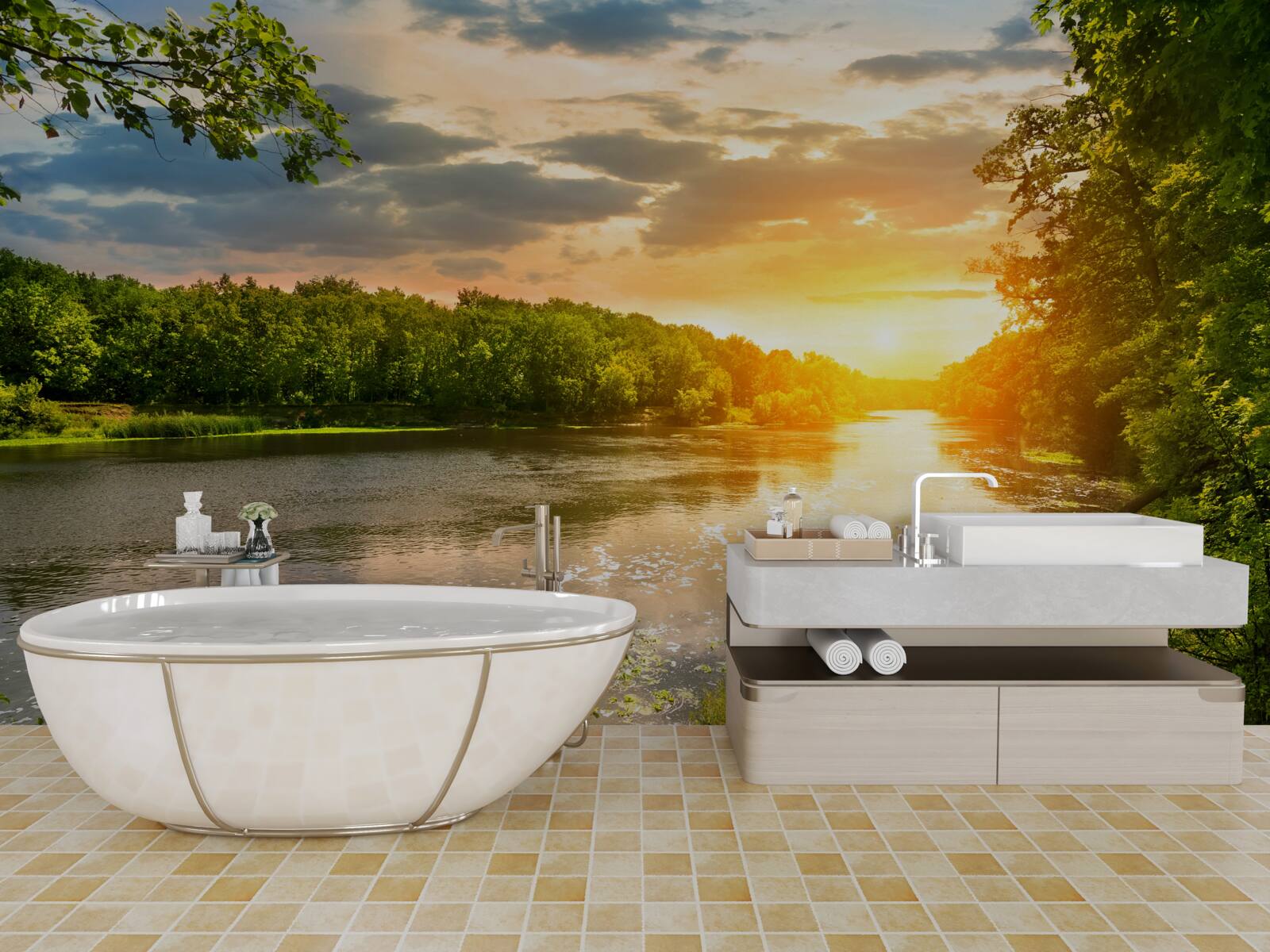 Papier peint le soleil couchant réchauffe doucement la rivière de la forêt