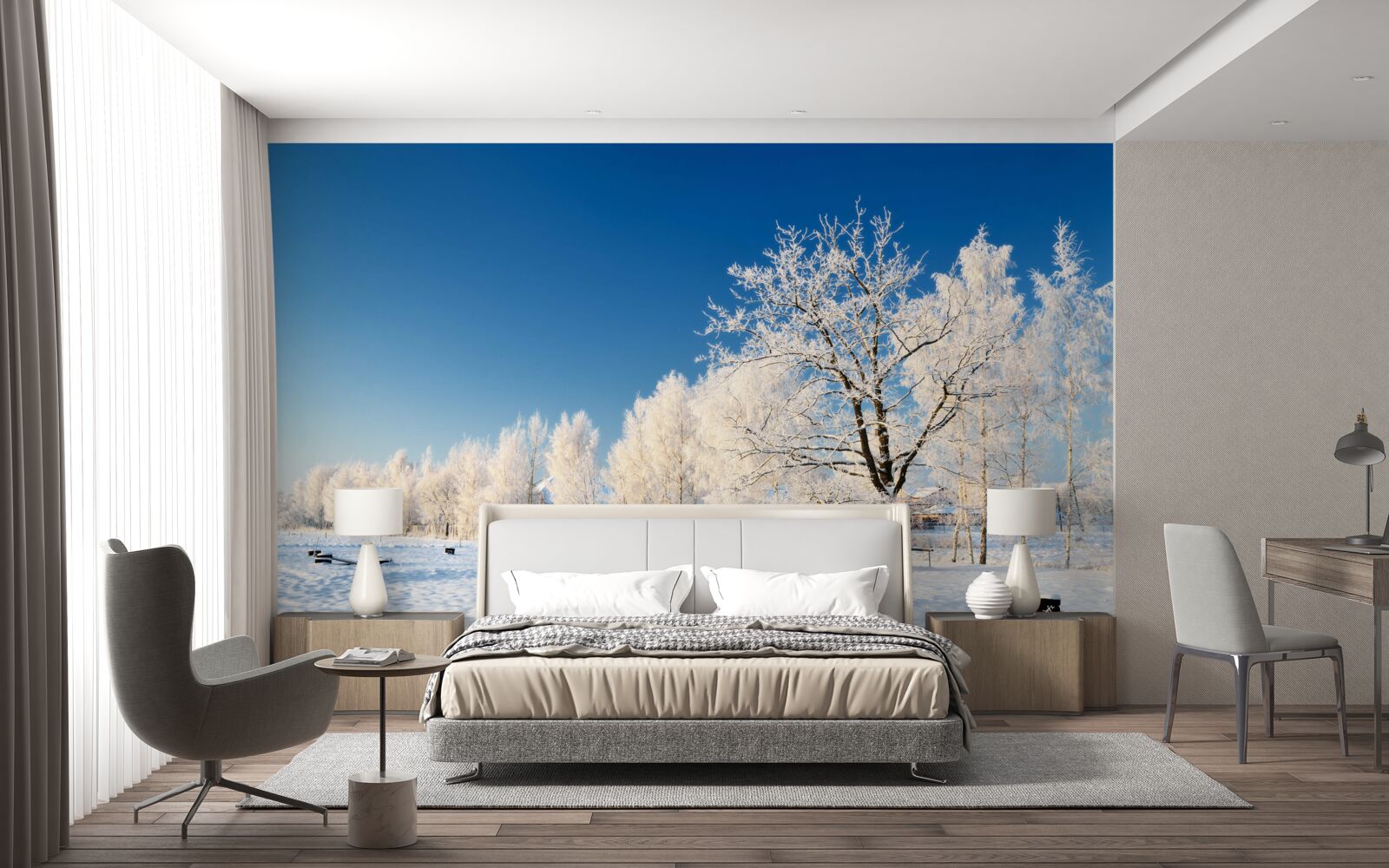 Papier peint hiver féerique sur fond de ciel azur