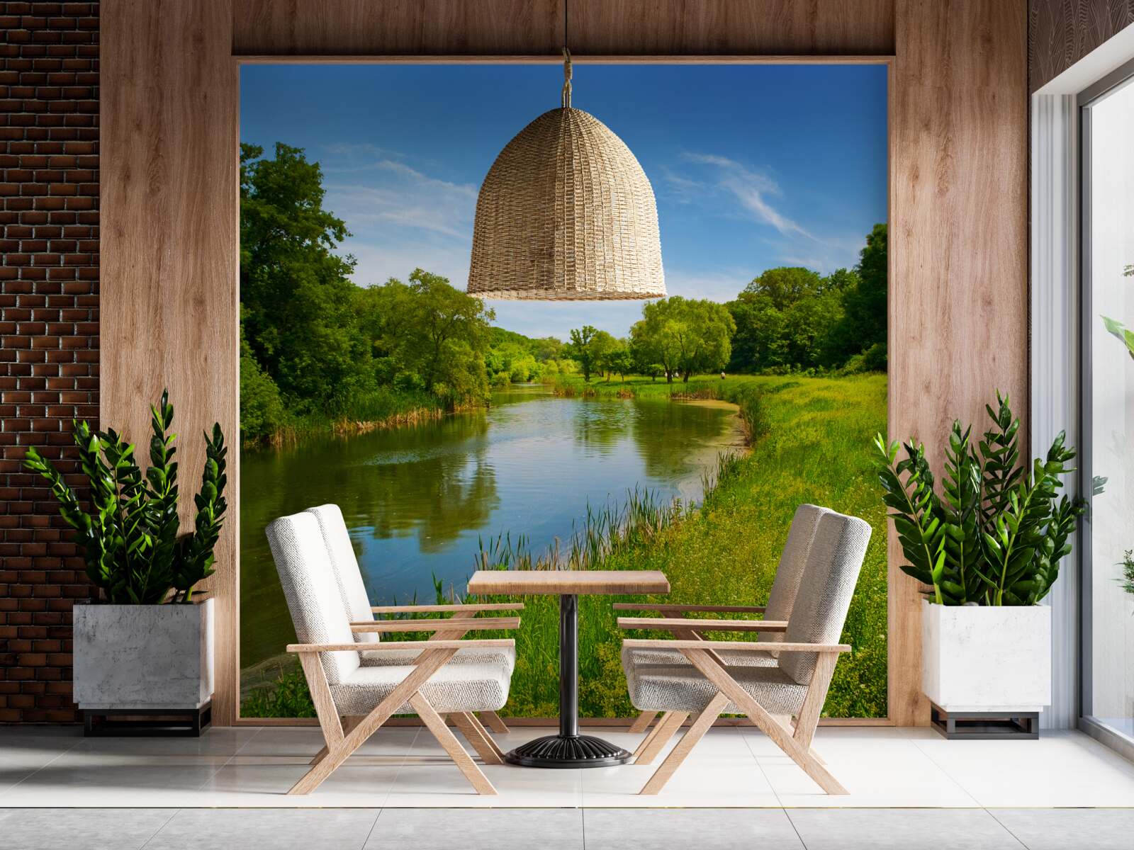 Papier peint une prairie verte traversée par une eau calme