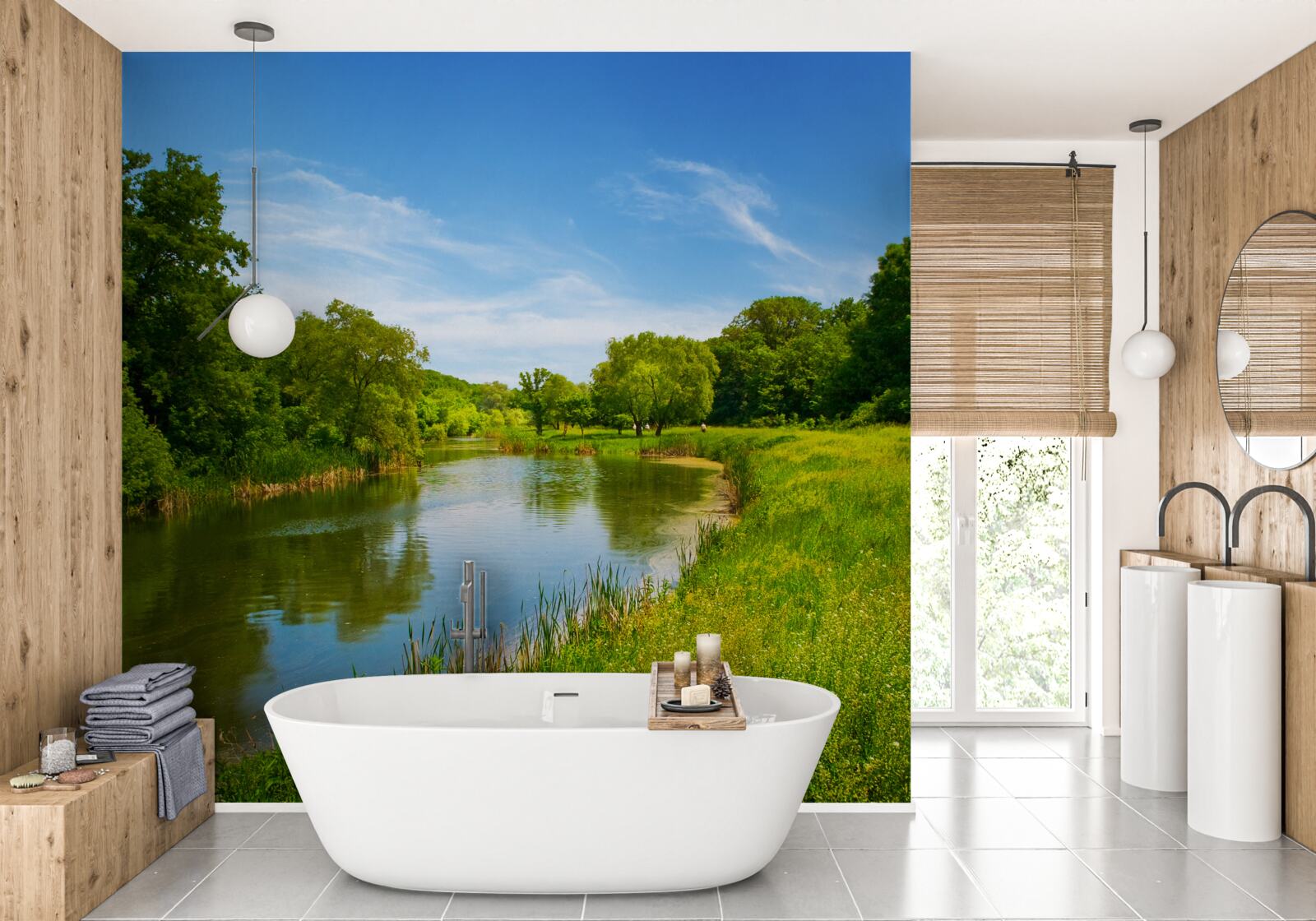 Papier peint une prairie verte traversée par une eau calme