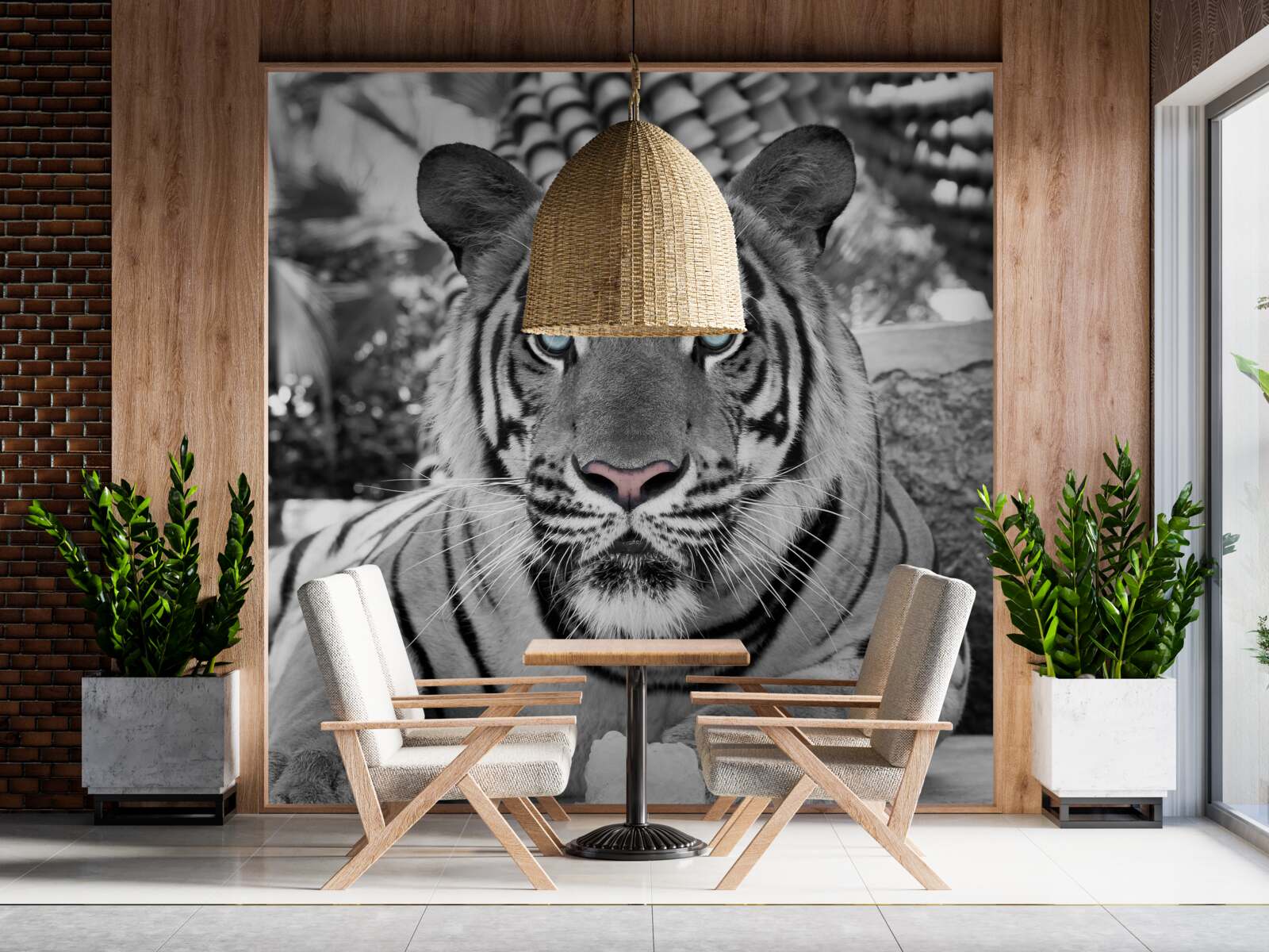 Papier peint tigre noir et blanc aux beaux yeux bleus
