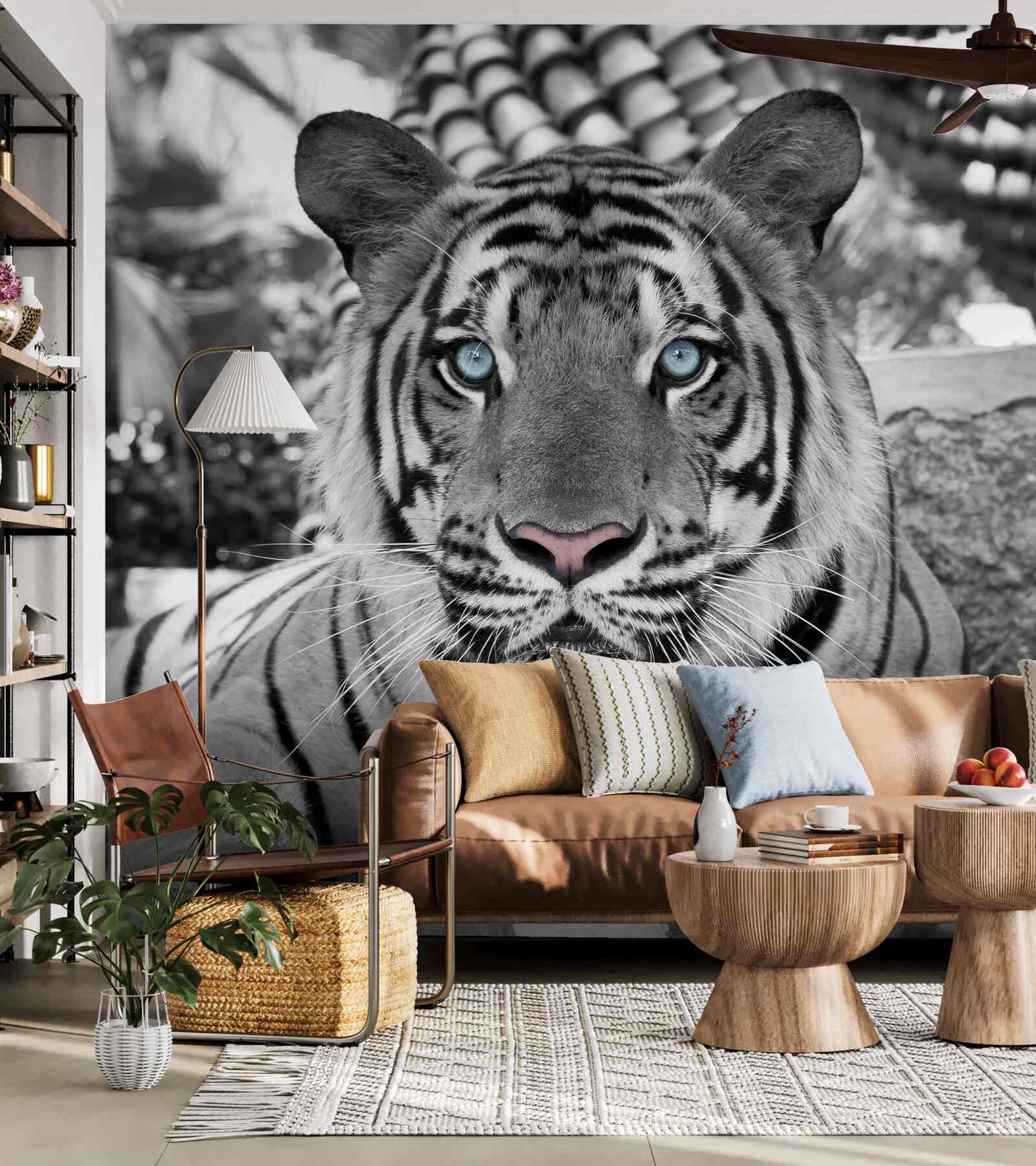 Papier peint tigre noir et blanc aux beaux yeux bleus