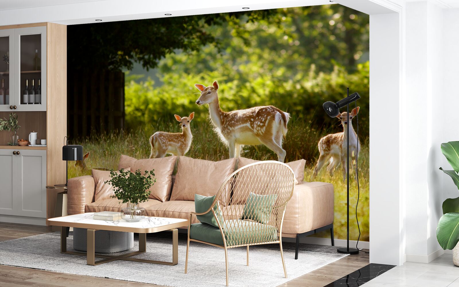 Papier peint un groupe de cerfs tachetés paît dans un champ