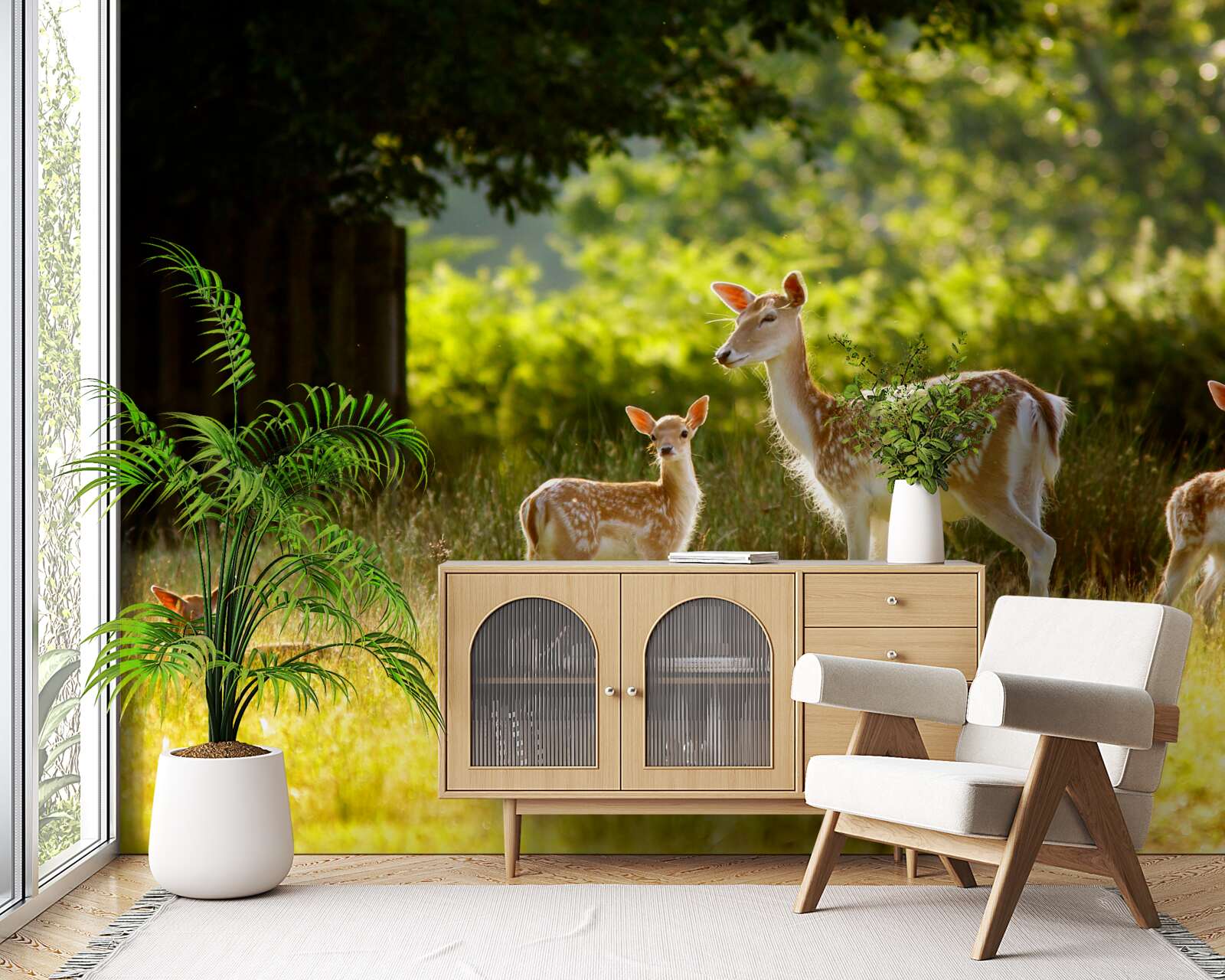 Papier peint un groupe de cerfs tachetés paît dans un champ