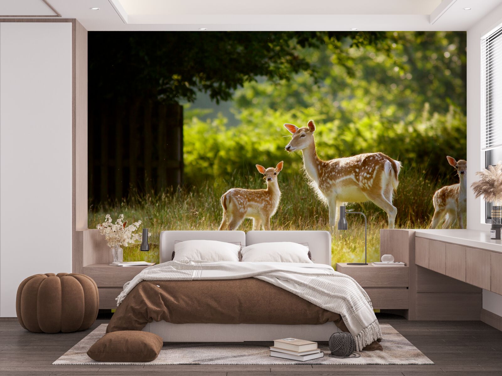 Papier peint un groupe de cerfs tachetés paît dans un champ