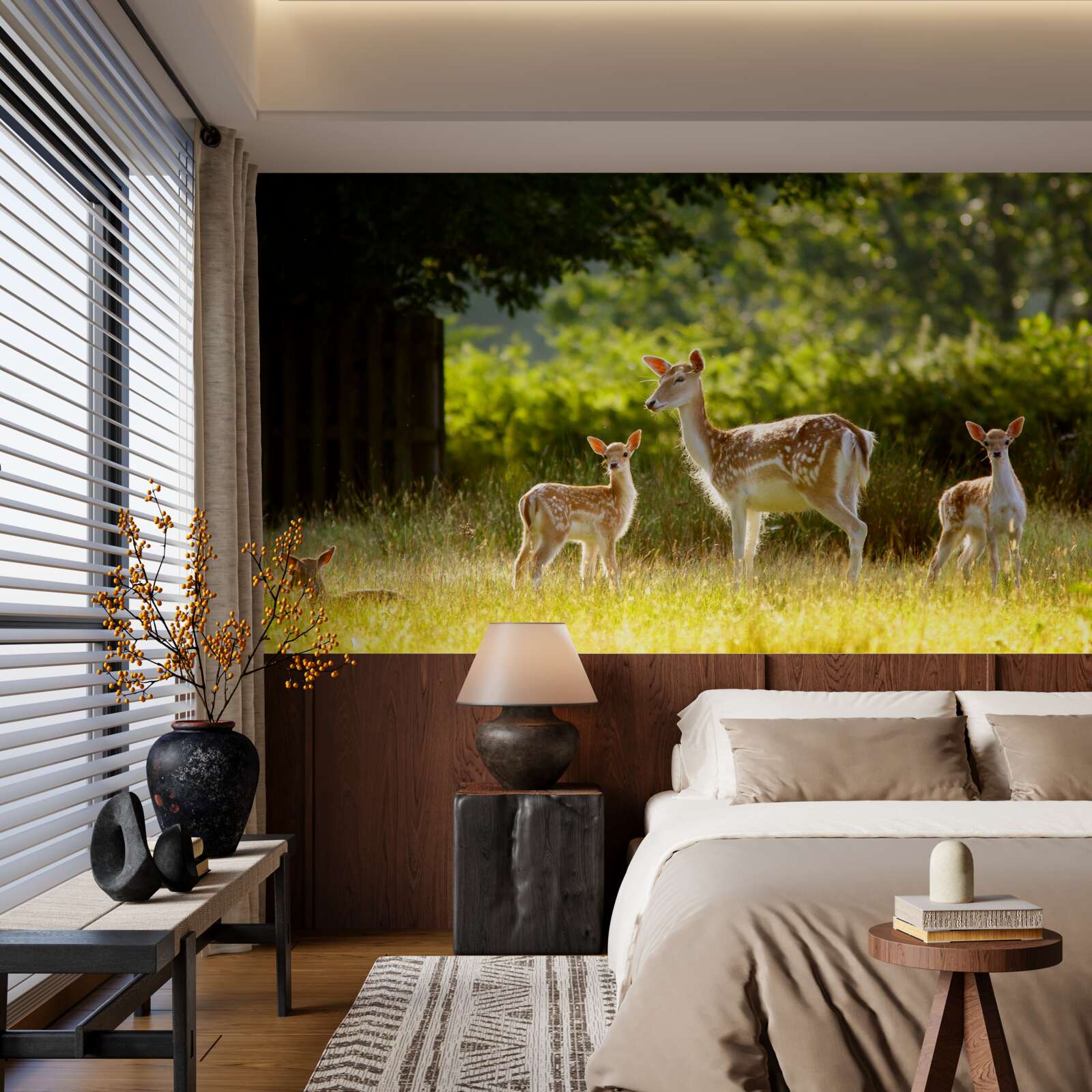 Papier peint un groupe de cerfs tachetés paît dans un champ