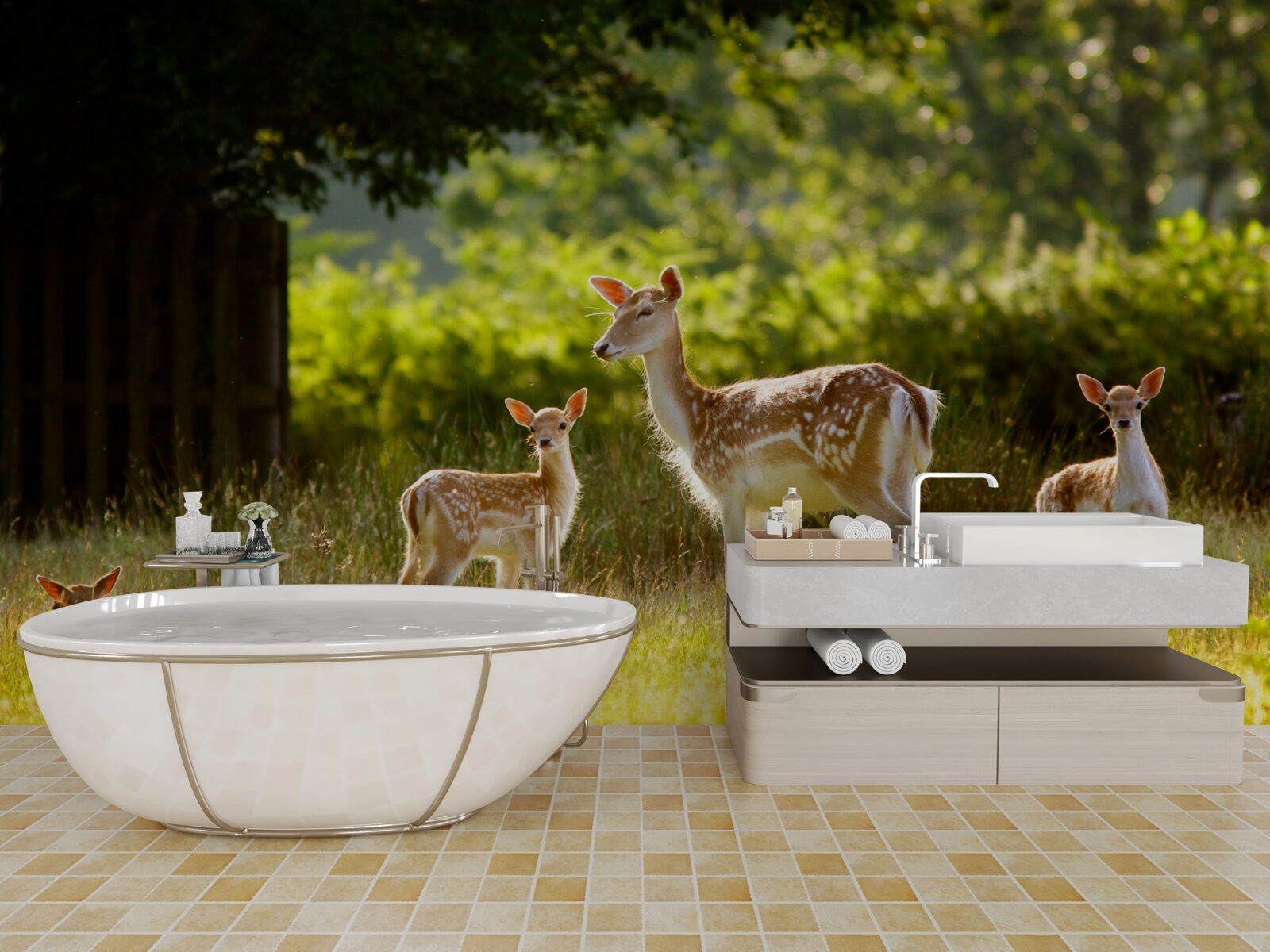 Papier peint un groupe de cerfs tachetés paît dans un champ