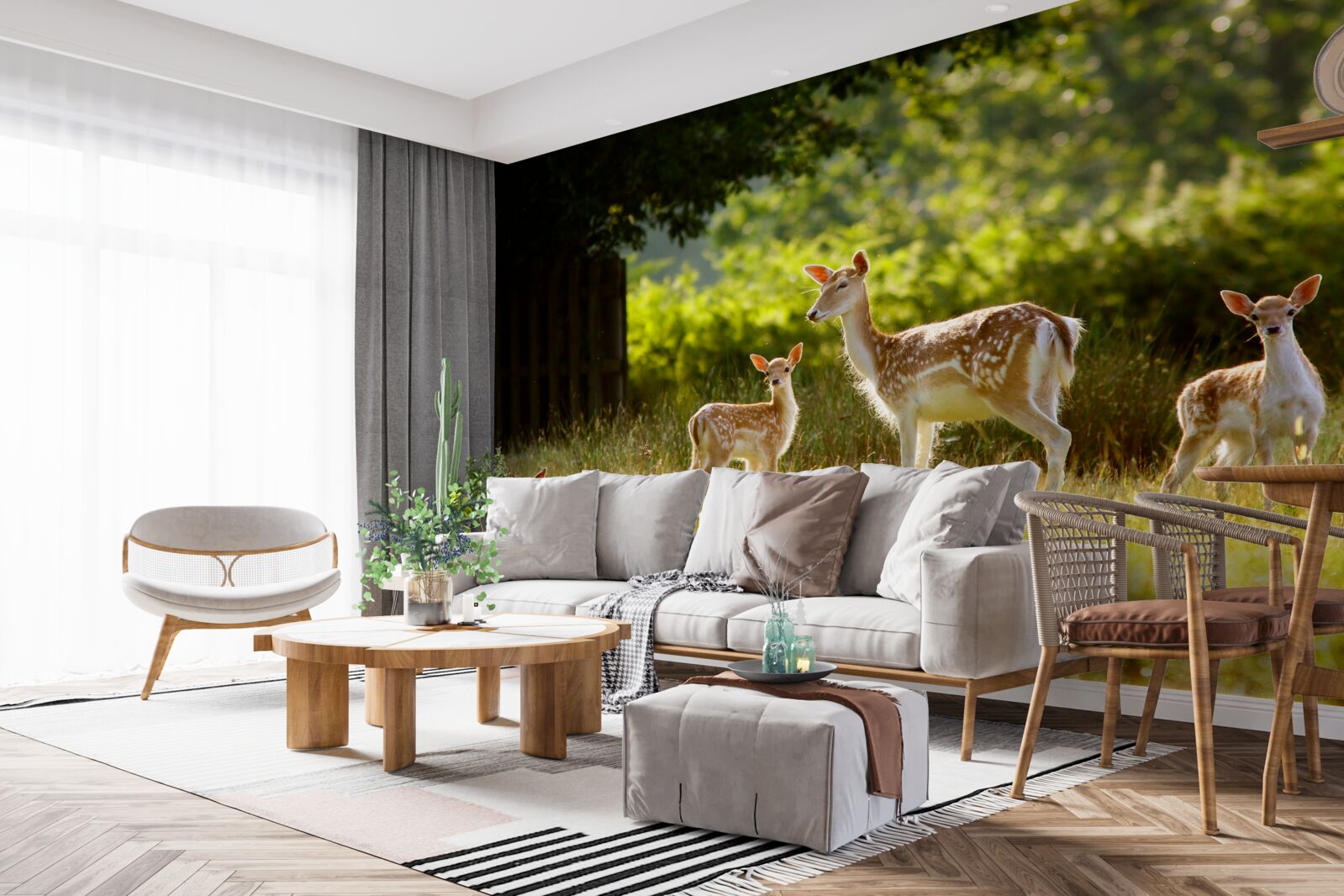 Papier peint un groupe de cerfs tachetés paît dans un champ