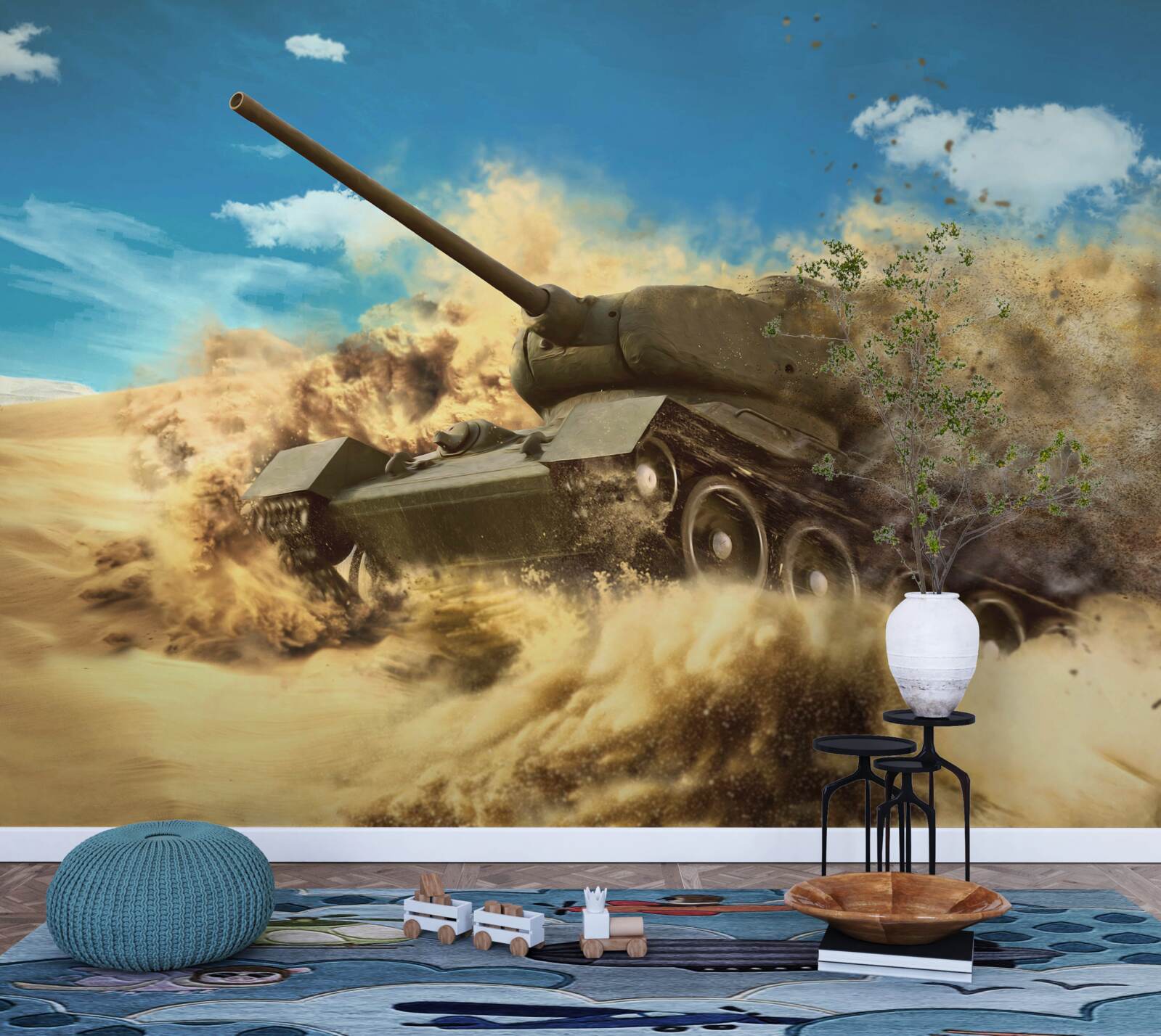 Papier peint un char se déplace sur une surface sablonneuse