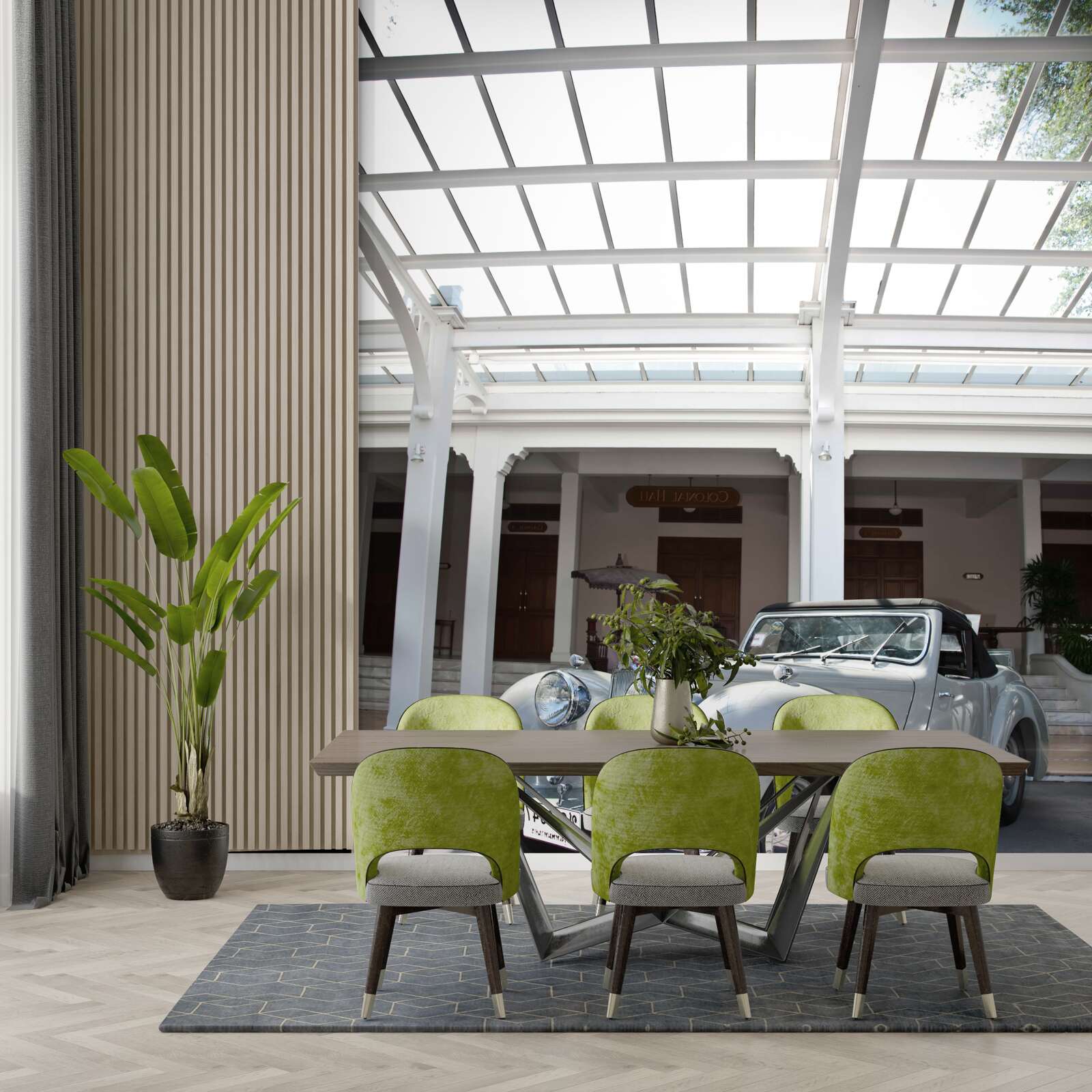 Papier peint vieille voiture grise près du bâtiment