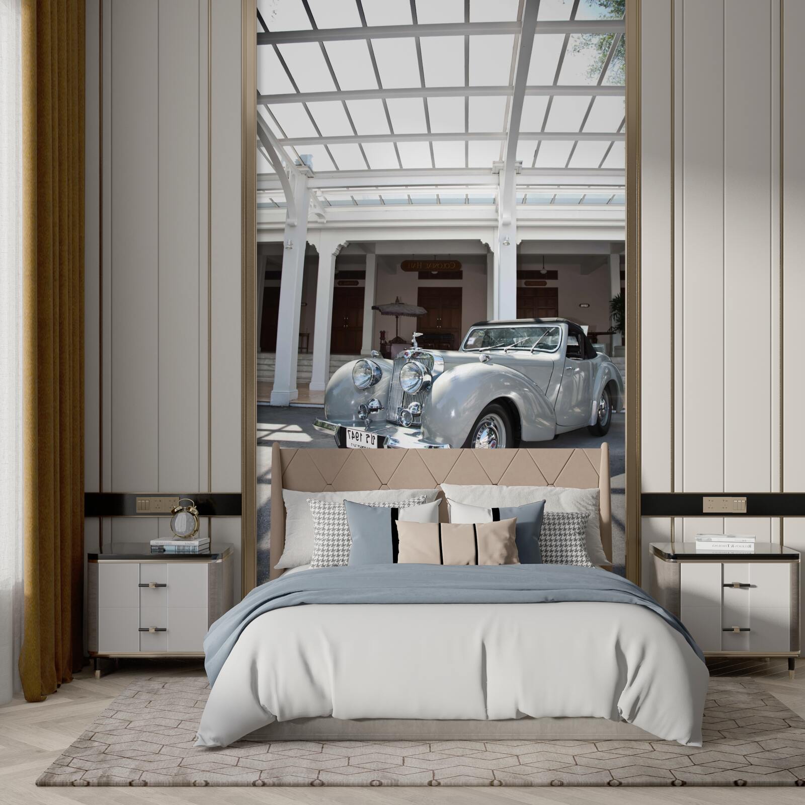 Papier peint vieille voiture grise près du bâtiment