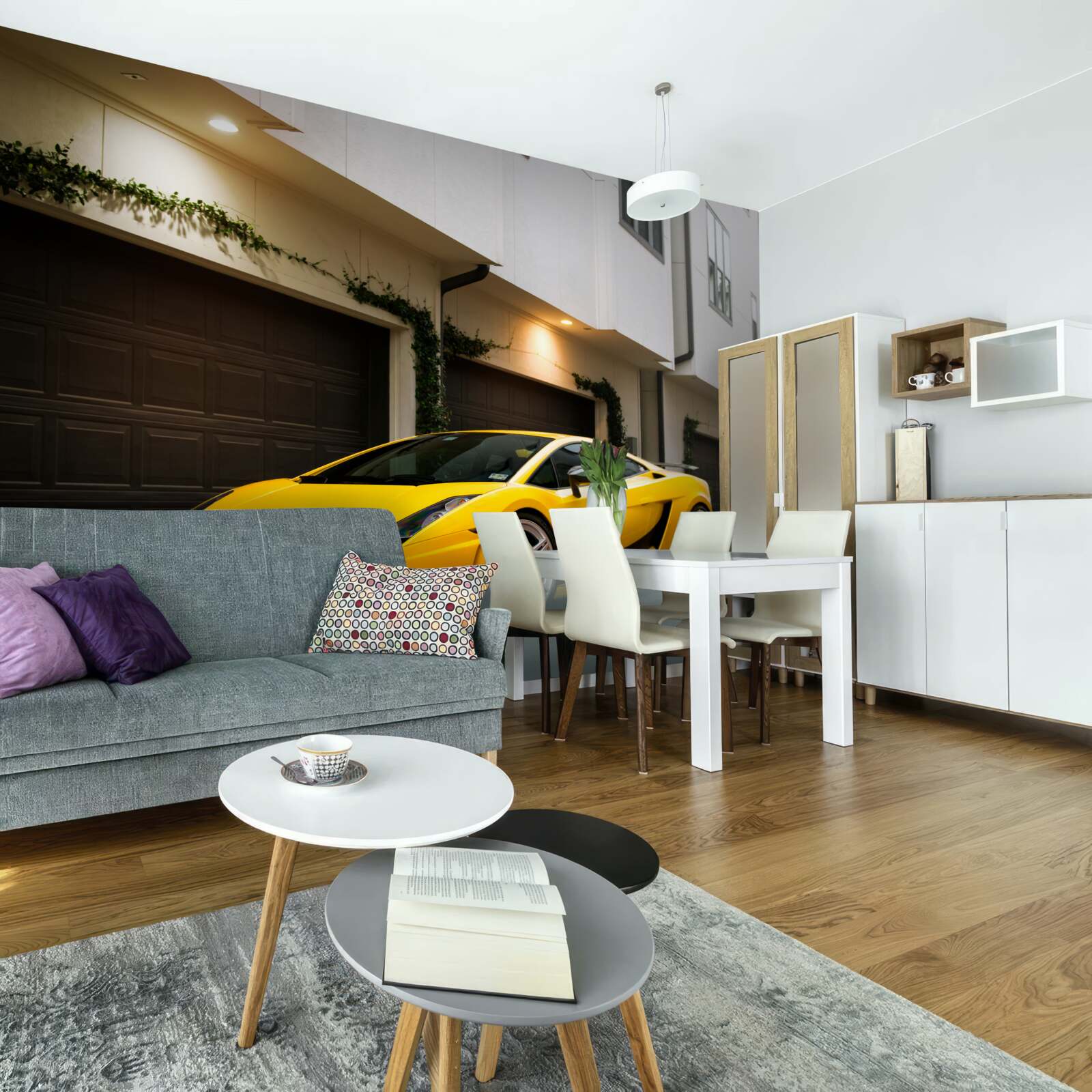 Papier peint voiture jaune élégante près de la maison