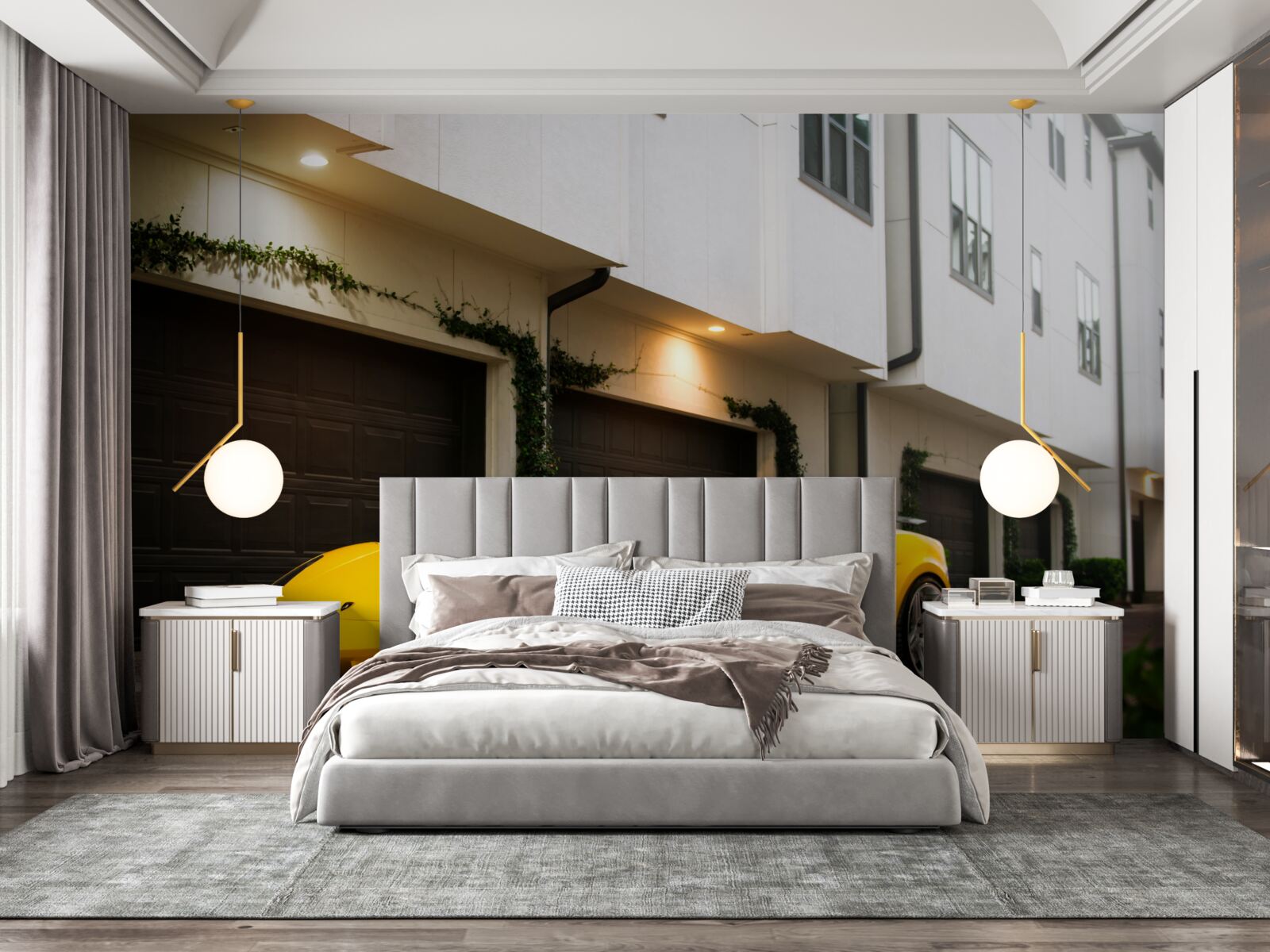 Papier peint voiture jaune élégante près de la maison