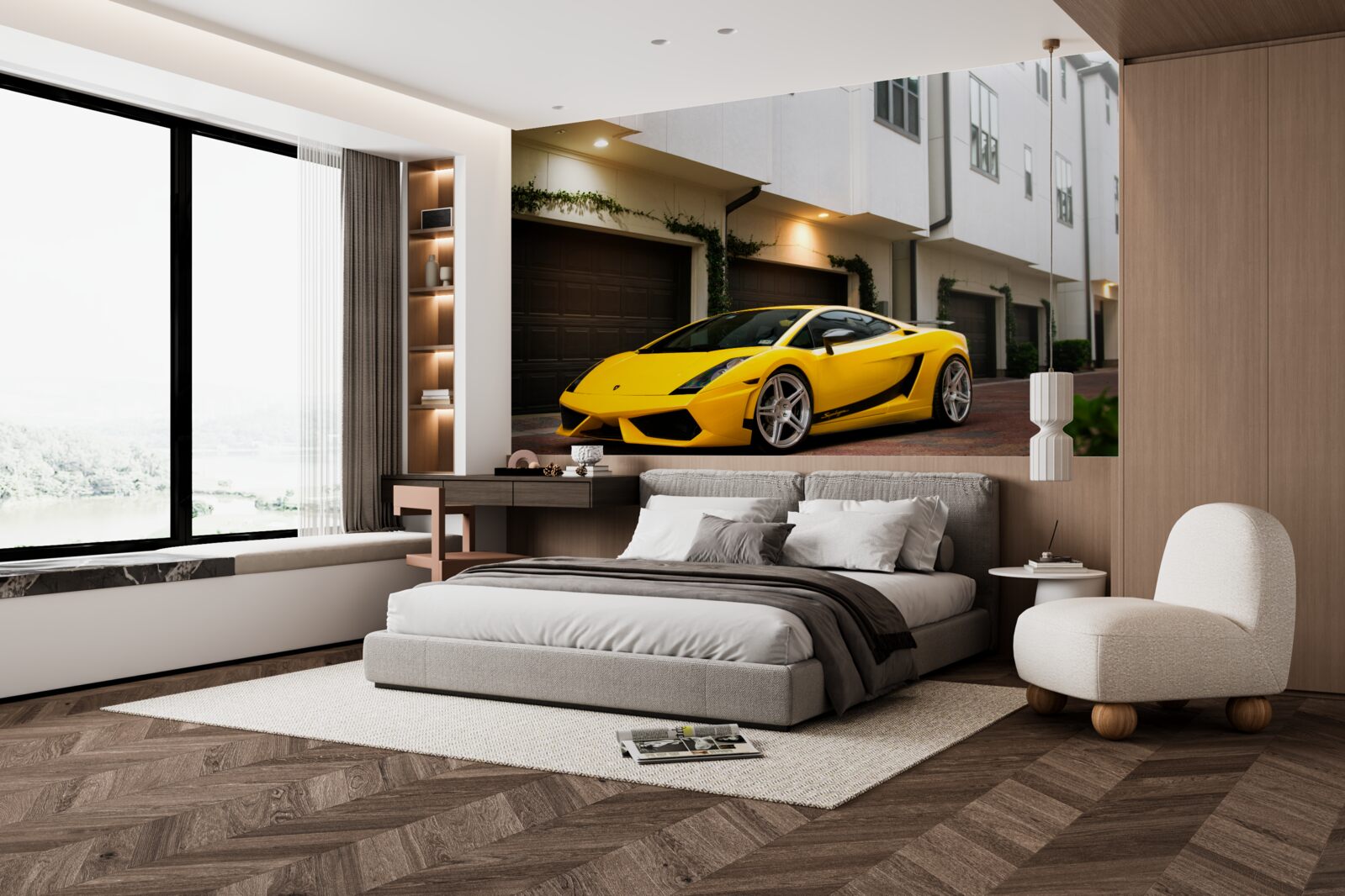 Papier peint voiture jaune élégante près de la maison