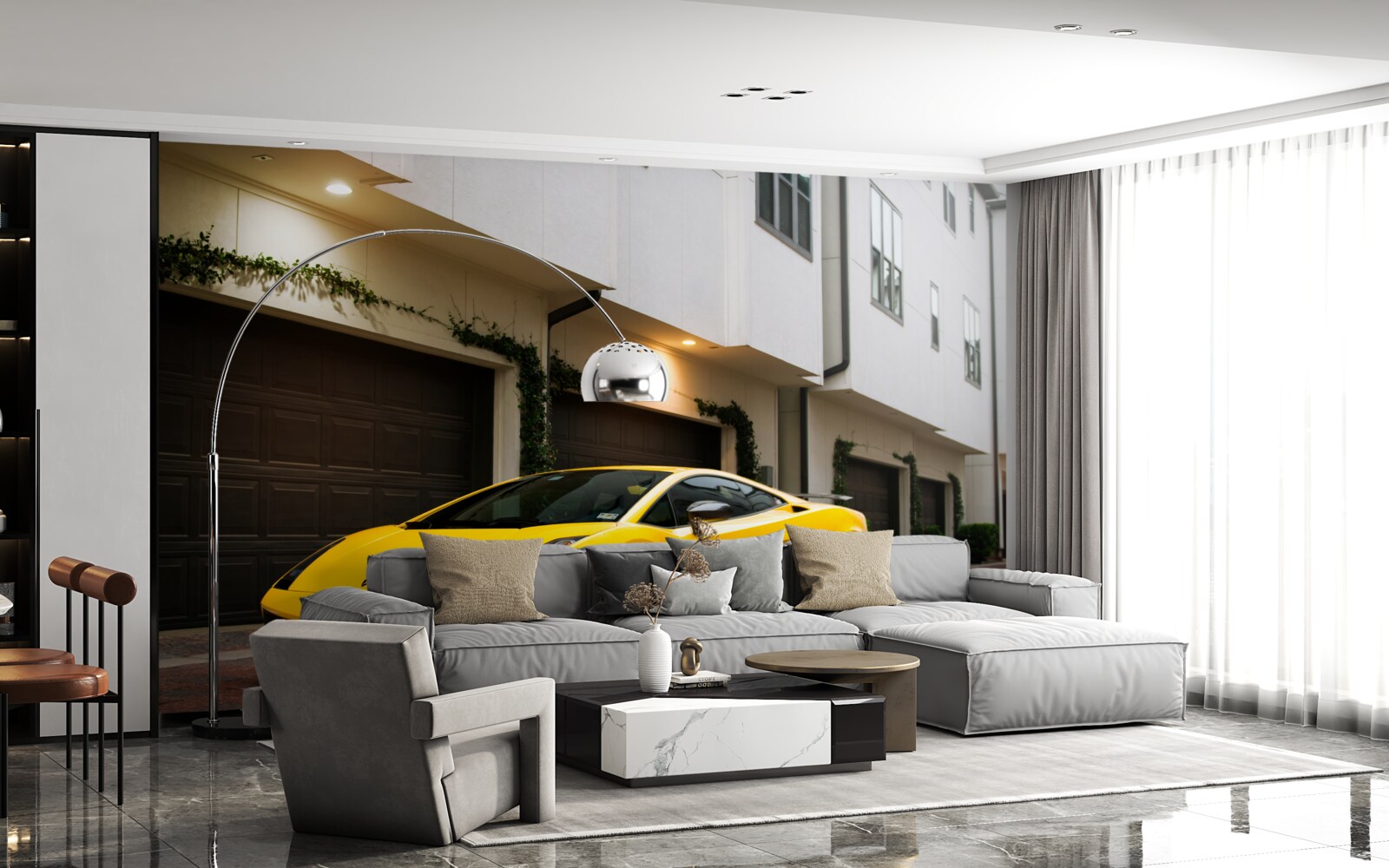 Papier peint voiture jaune élégante près de la maison