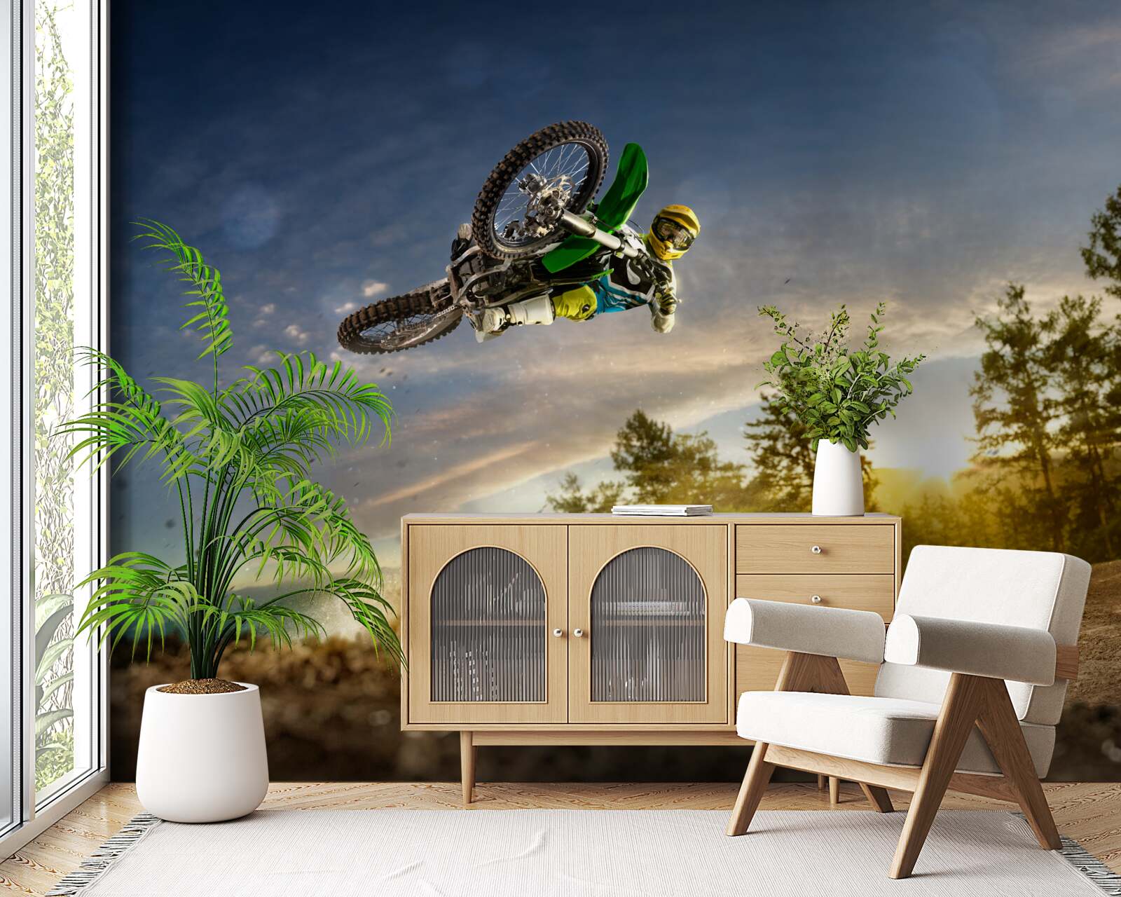 Papier peint sauter sur une moto au coucher du soleil