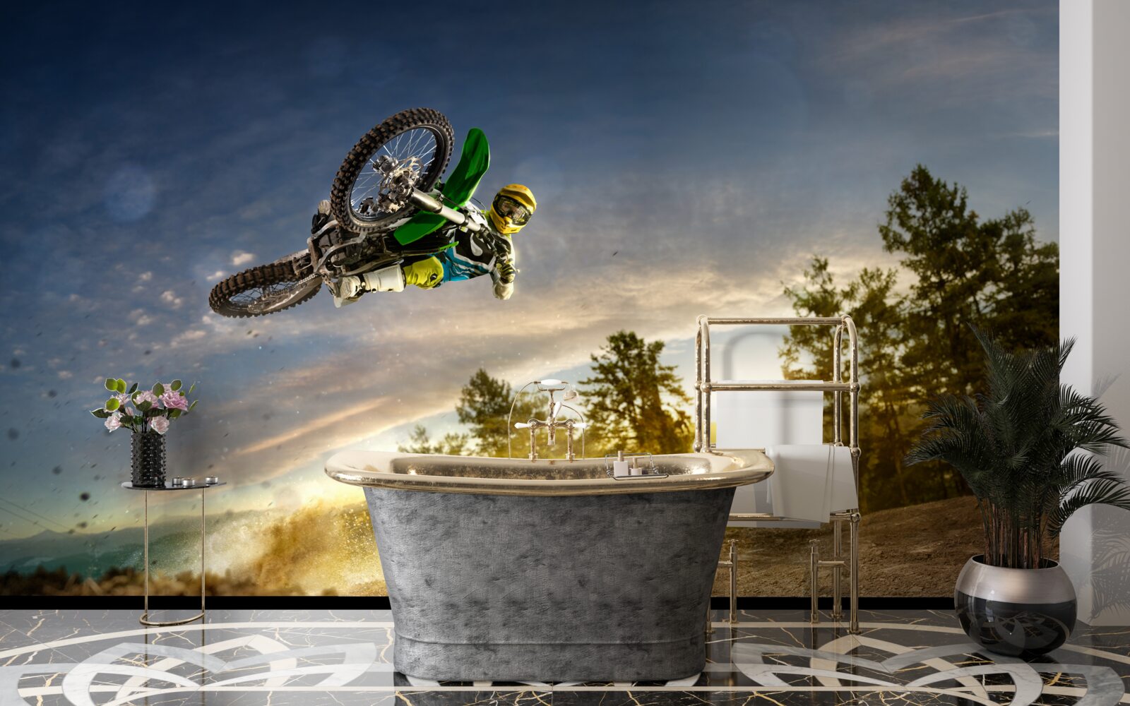 Papier peint sauter sur une moto au coucher du soleil