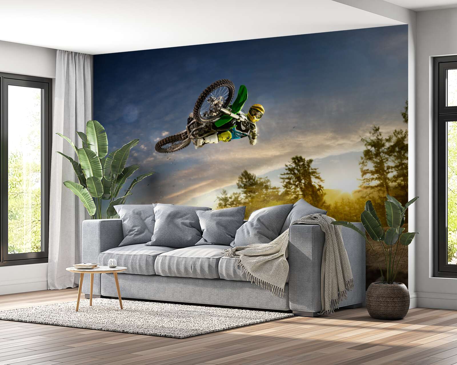 Papier peint sauter sur une moto au coucher du soleil