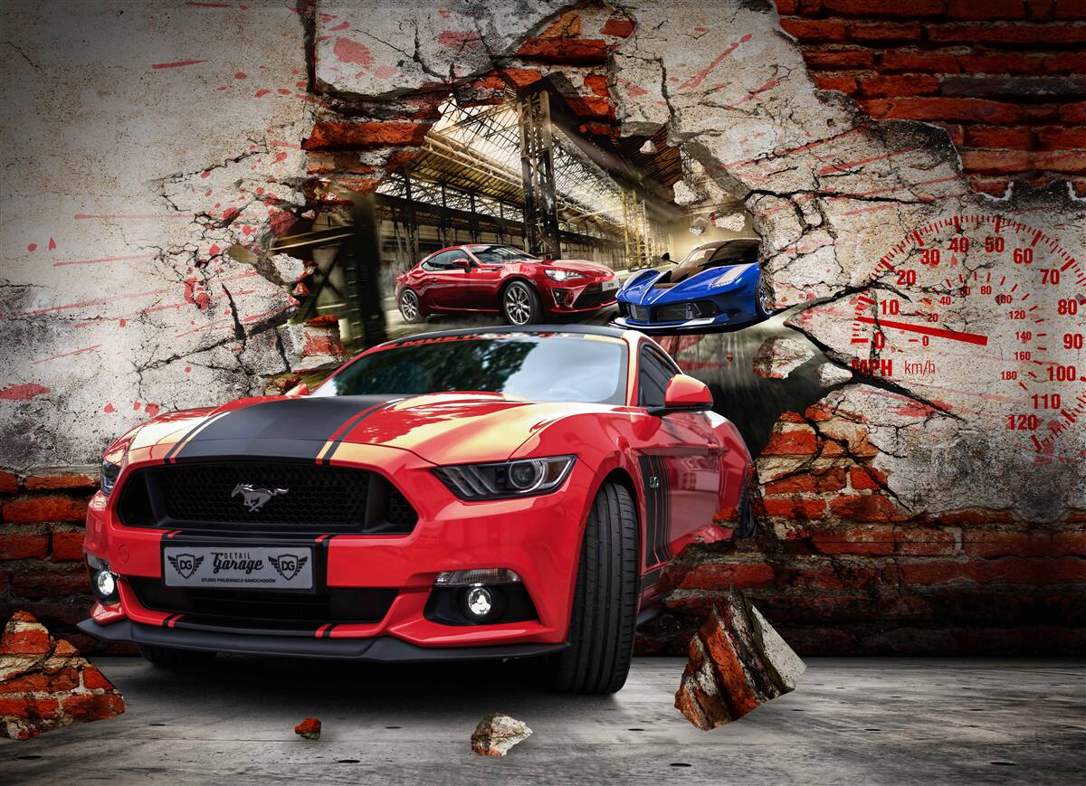 Papier peint voiture rouge dans le mur