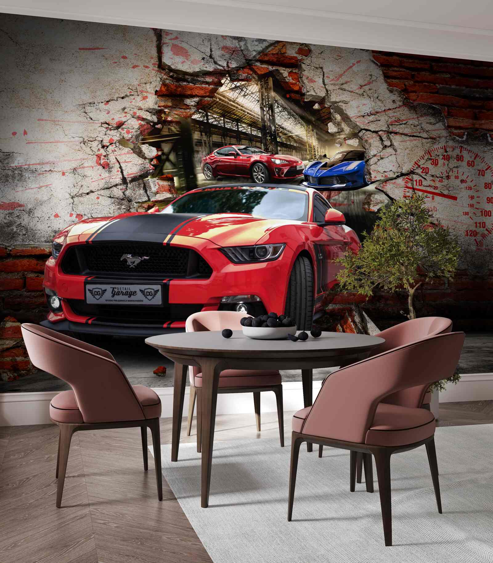 Papier peint voiture rouge dans le mur