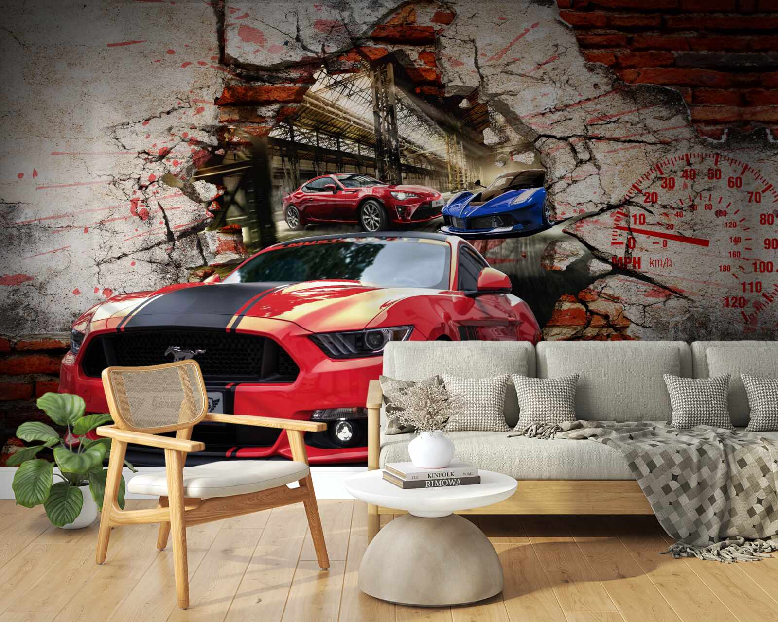 Papier peint voiture rouge dans le mur