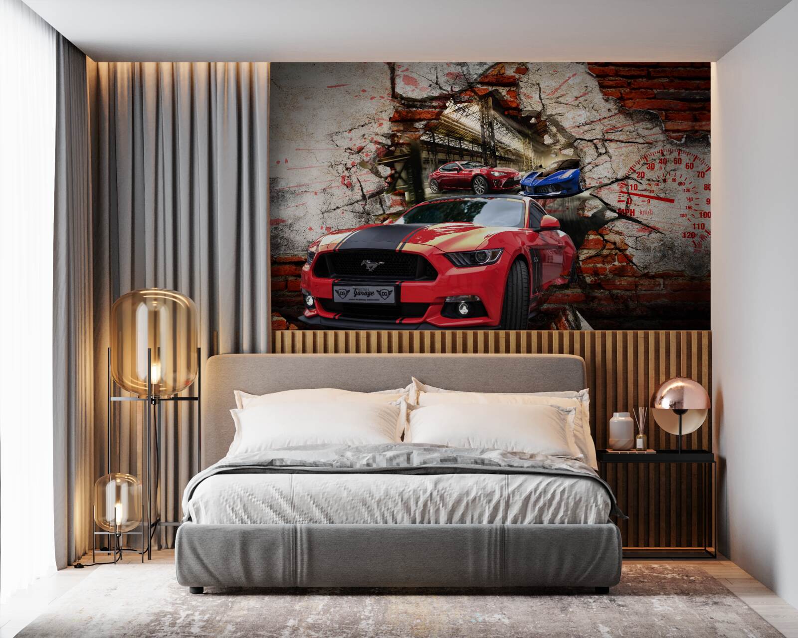 Papier peint voiture rouge dans le mur