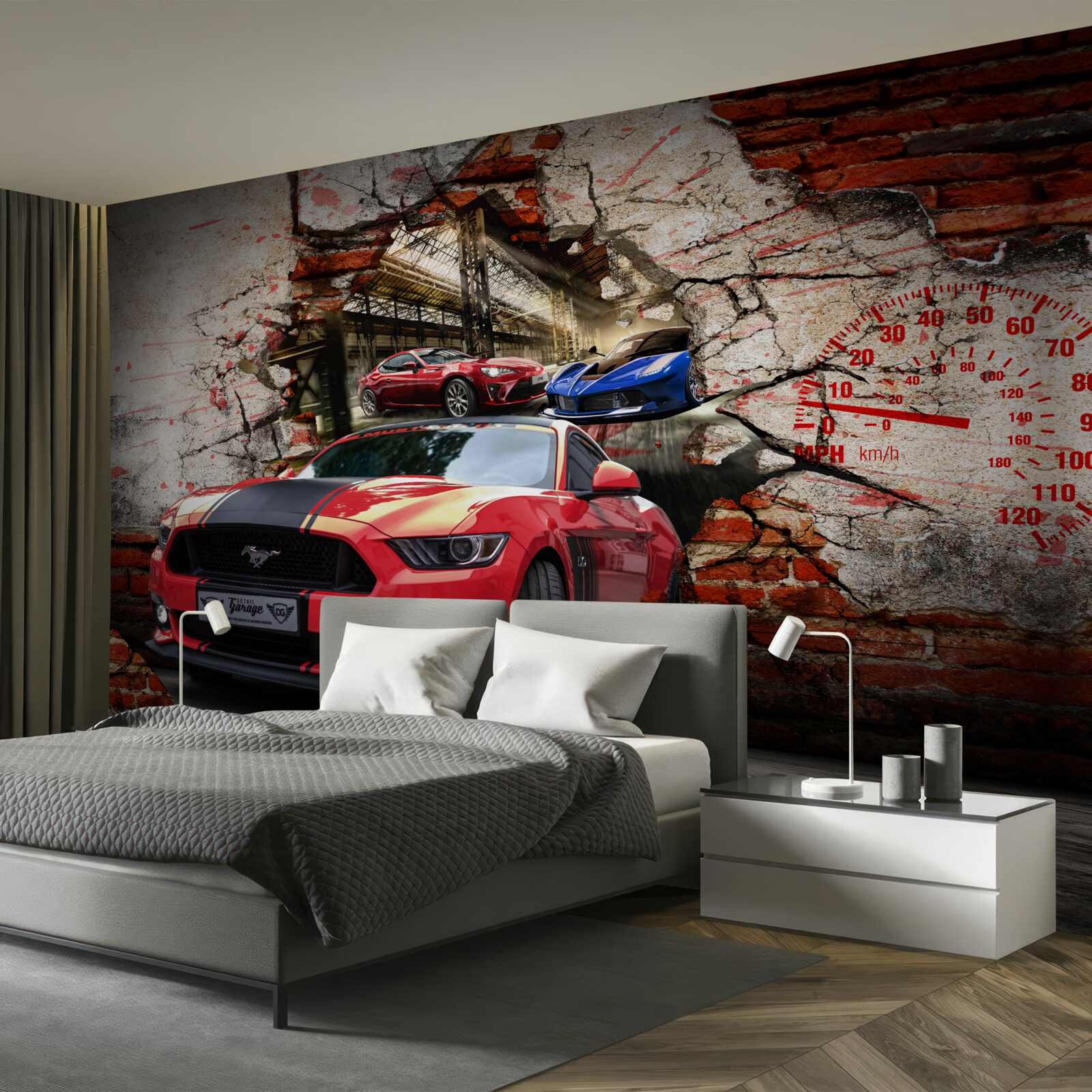 Papier peint voiture rouge dans le mur