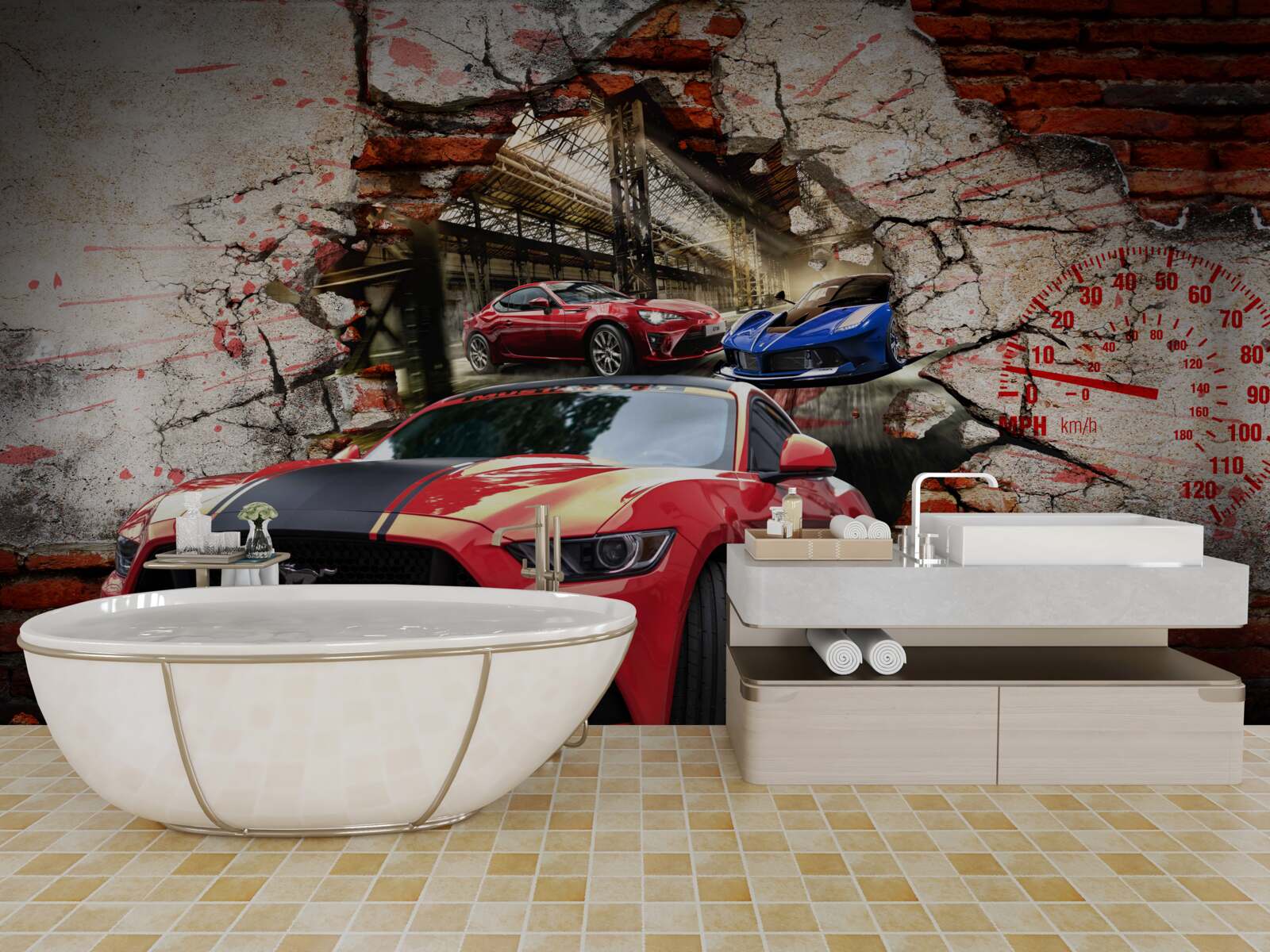Papier peint voiture rouge dans le mur