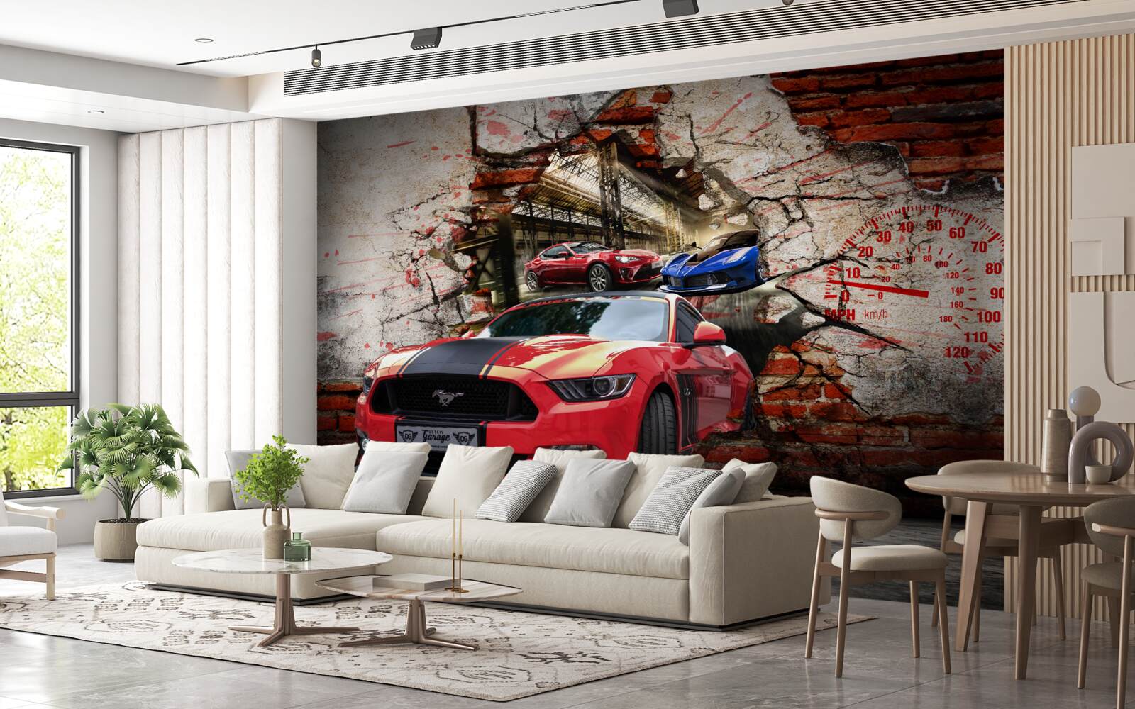 Papier peint voiture rouge dans le mur