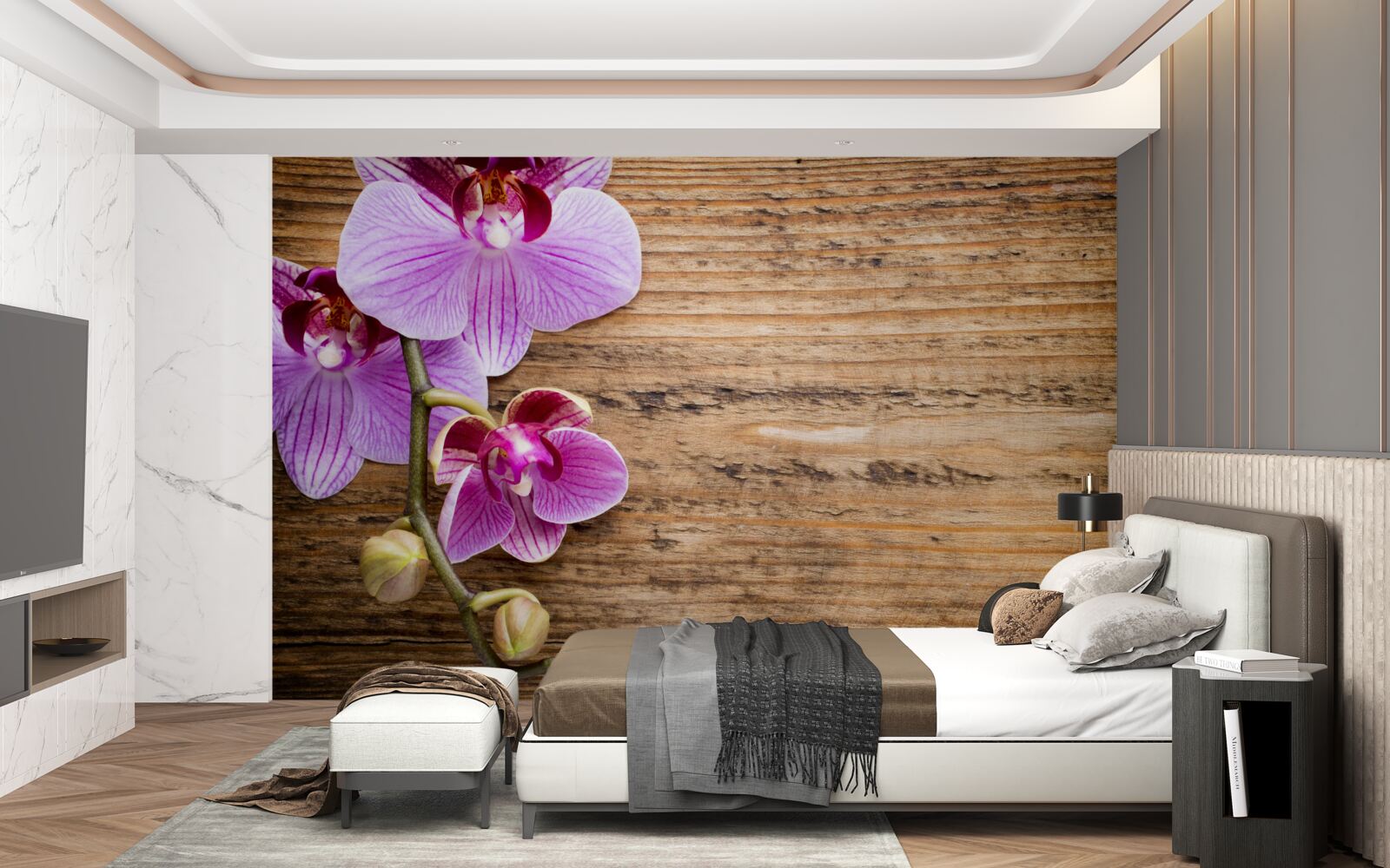 Papier peint orchidée lilas sur un tronc d'arbre