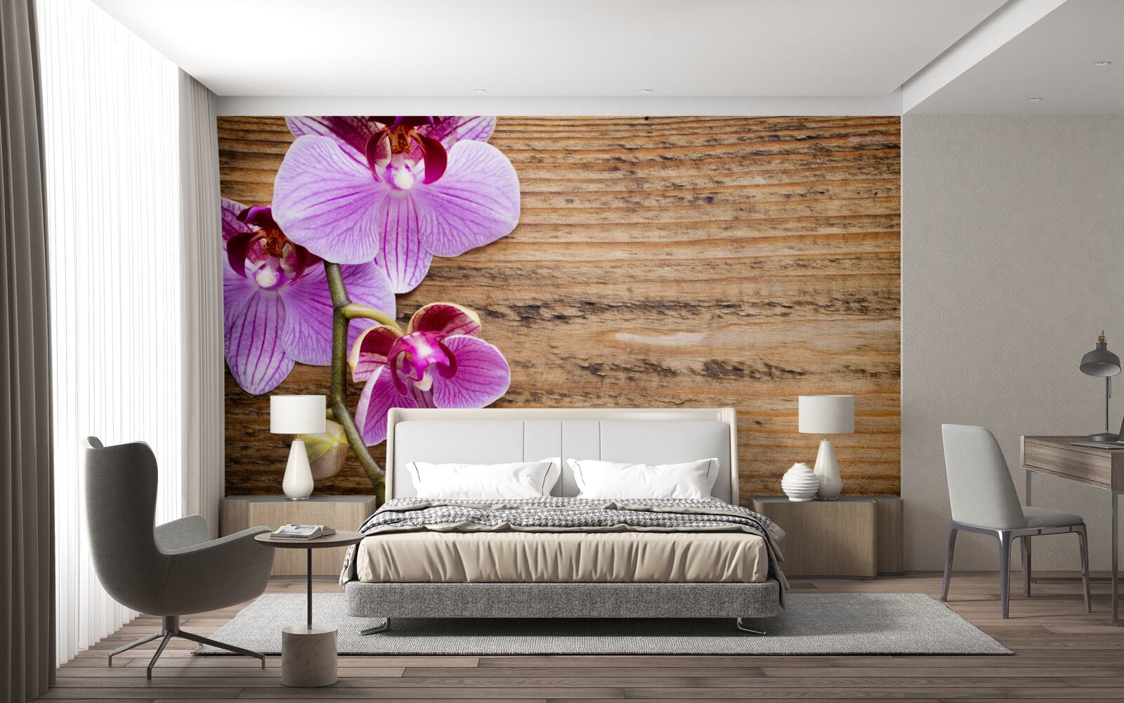 Papier peint orchidée lilas sur un tronc d'arbre