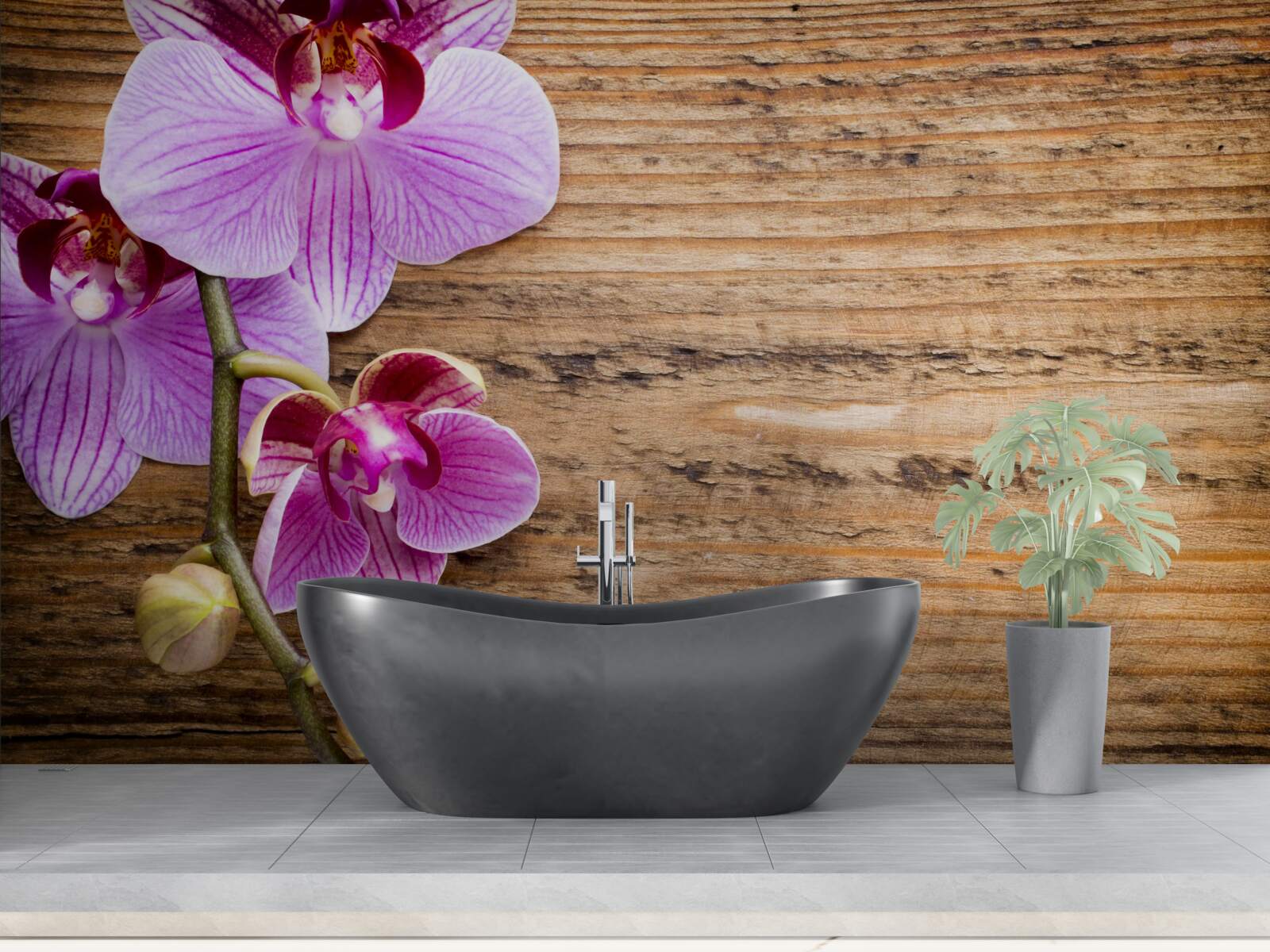 Papier peint orchidée lilas sur un tronc d'arbre