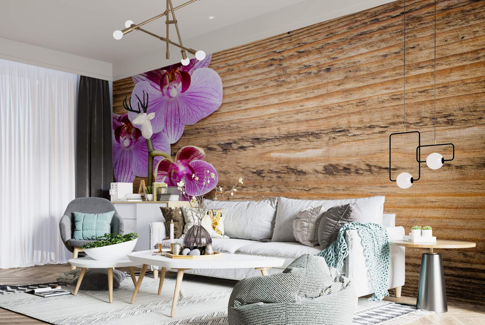 Papier peint orchidée lilas sur un tronc d'arbre