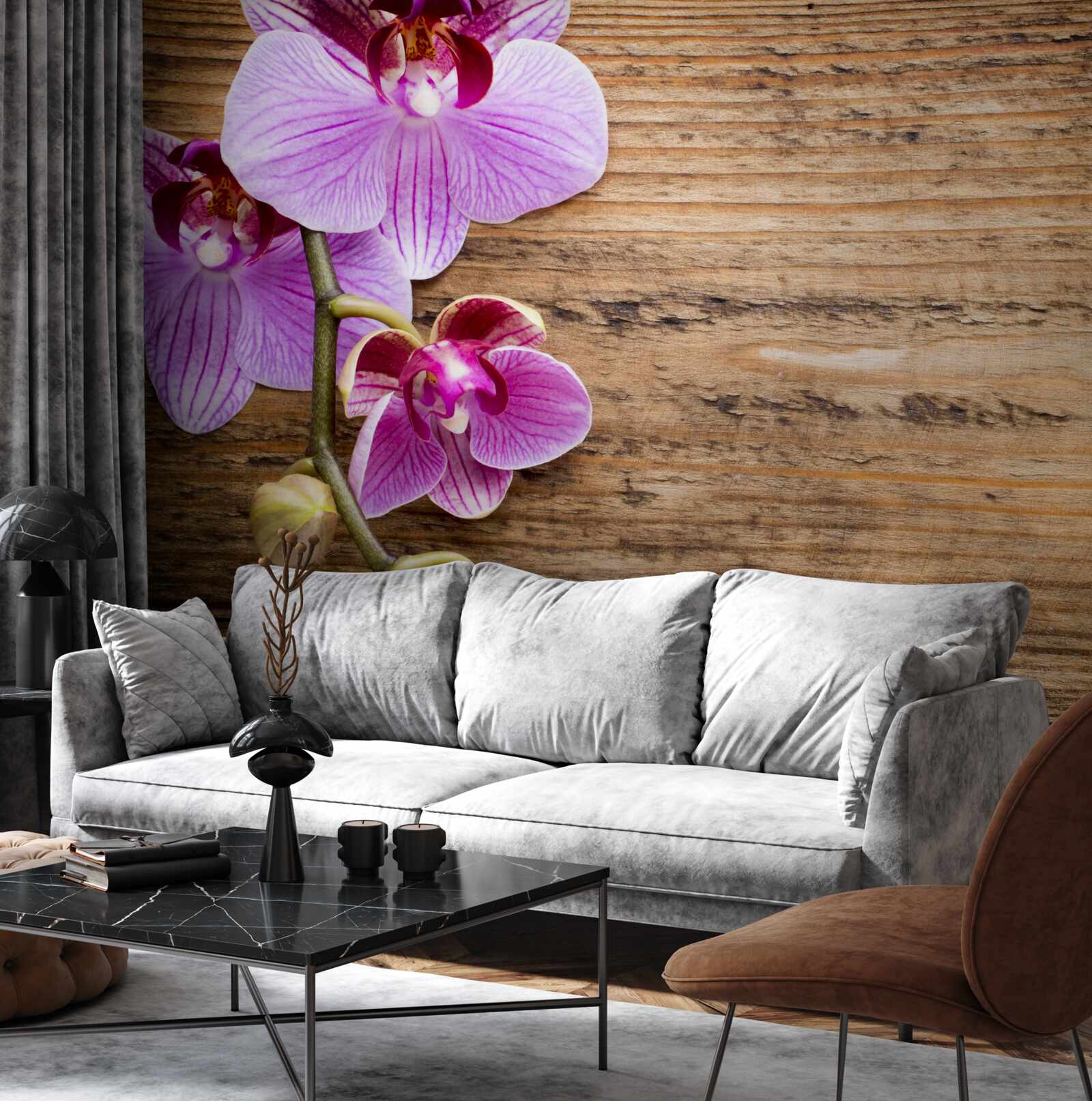 Papier peint orchidée lilas sur un tronc d'arbre