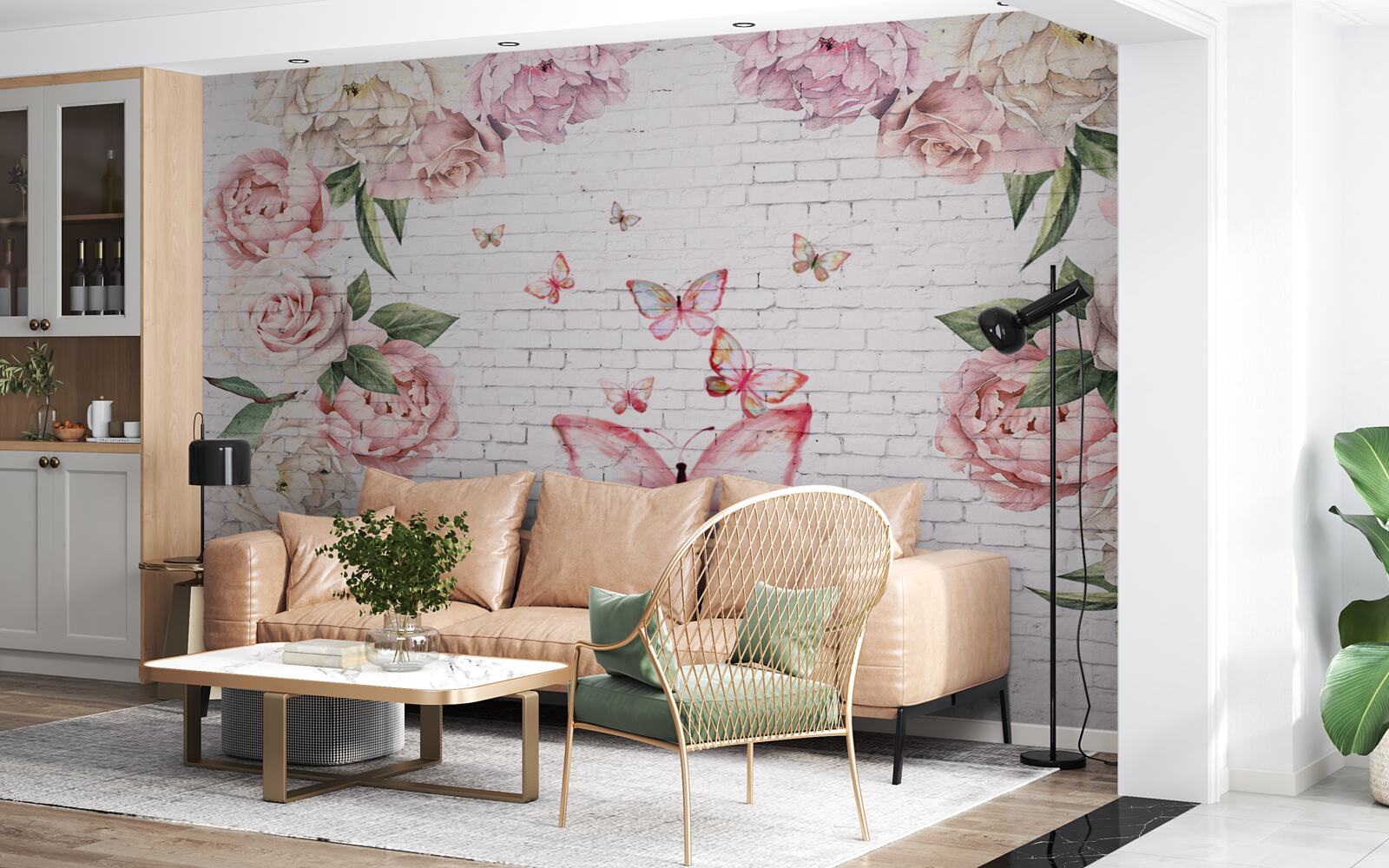 Papier peint papillon décoré de fleurs, en mousseline de soie