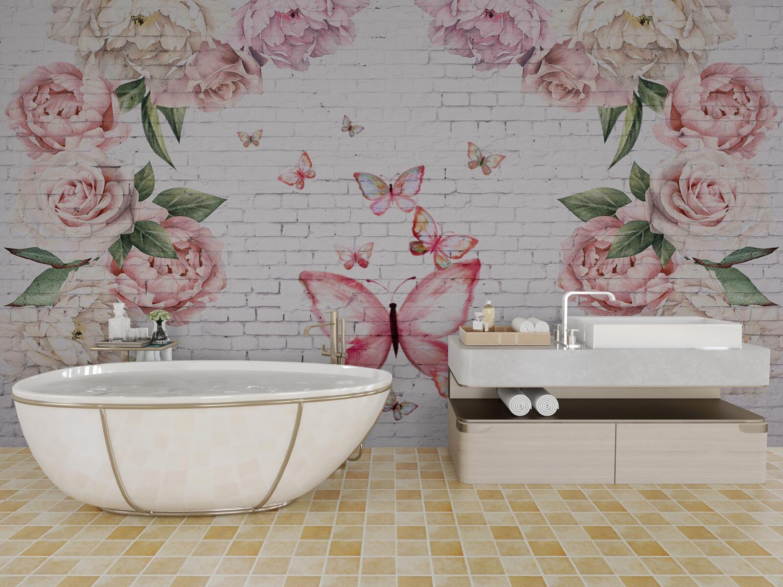 Papier peint papillon décoré de fleurs, en mousseline de soie