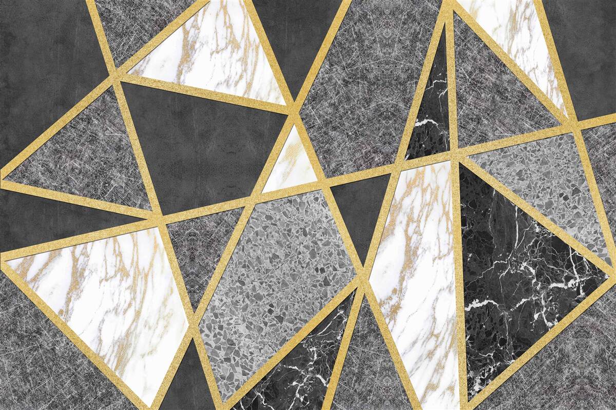 Papier peint mosaïque noire et blanche avec accents dorés