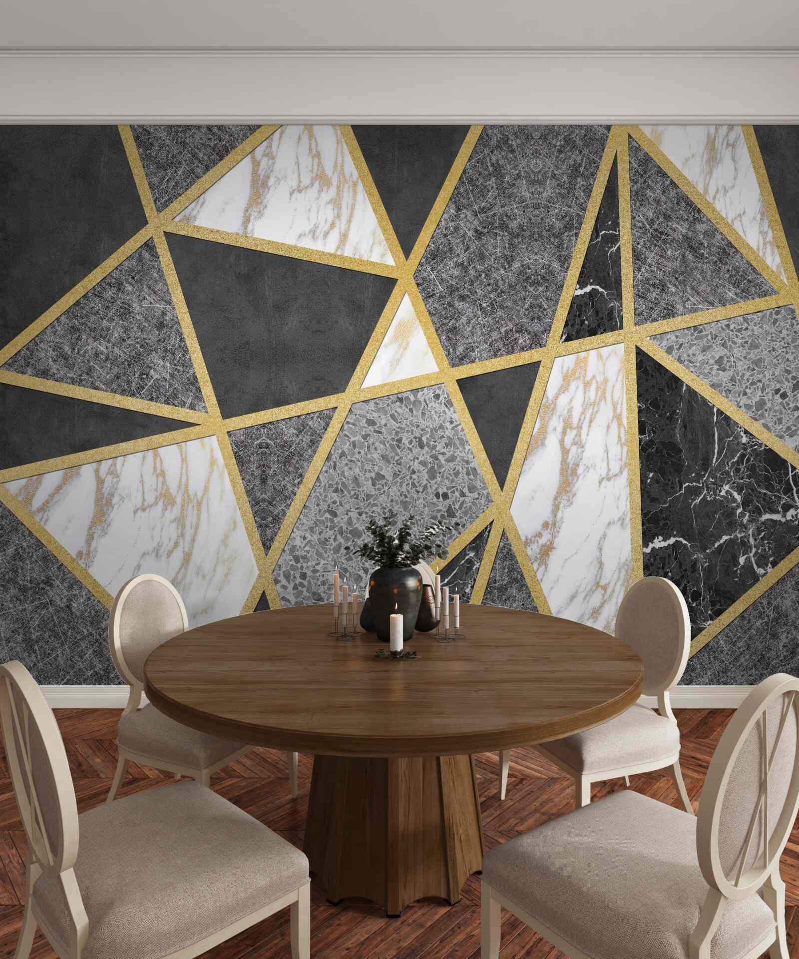 Papier peint mosaïque noire et blanche avec accents dorés